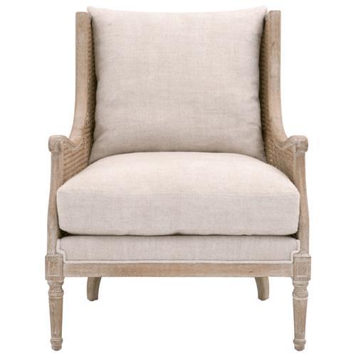 Transitional Gray Velvet & Wood Club Chair with Rattan Accents