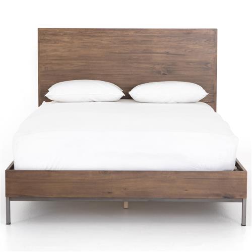 Contemporary Auburn Poplar Queen Platform Bed with Metal Frame