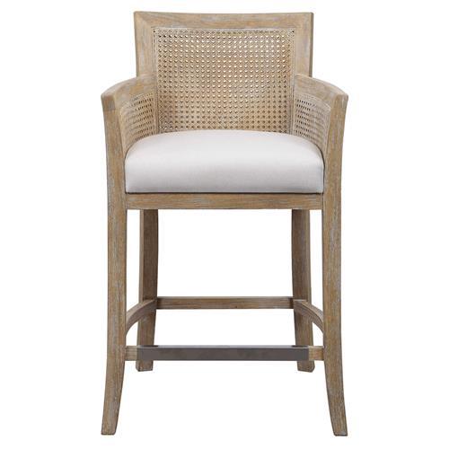 Coastal White Wood and Metal Counter Stool with Off-White Cushion