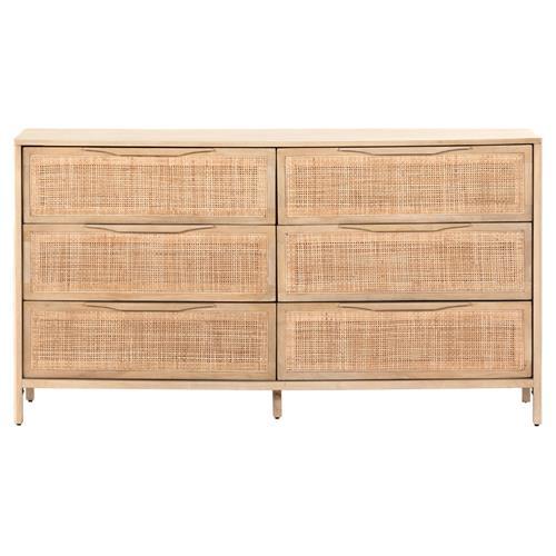 Coastal Charm Double Dresser with Mirror in Natural Mango & Woven Cane