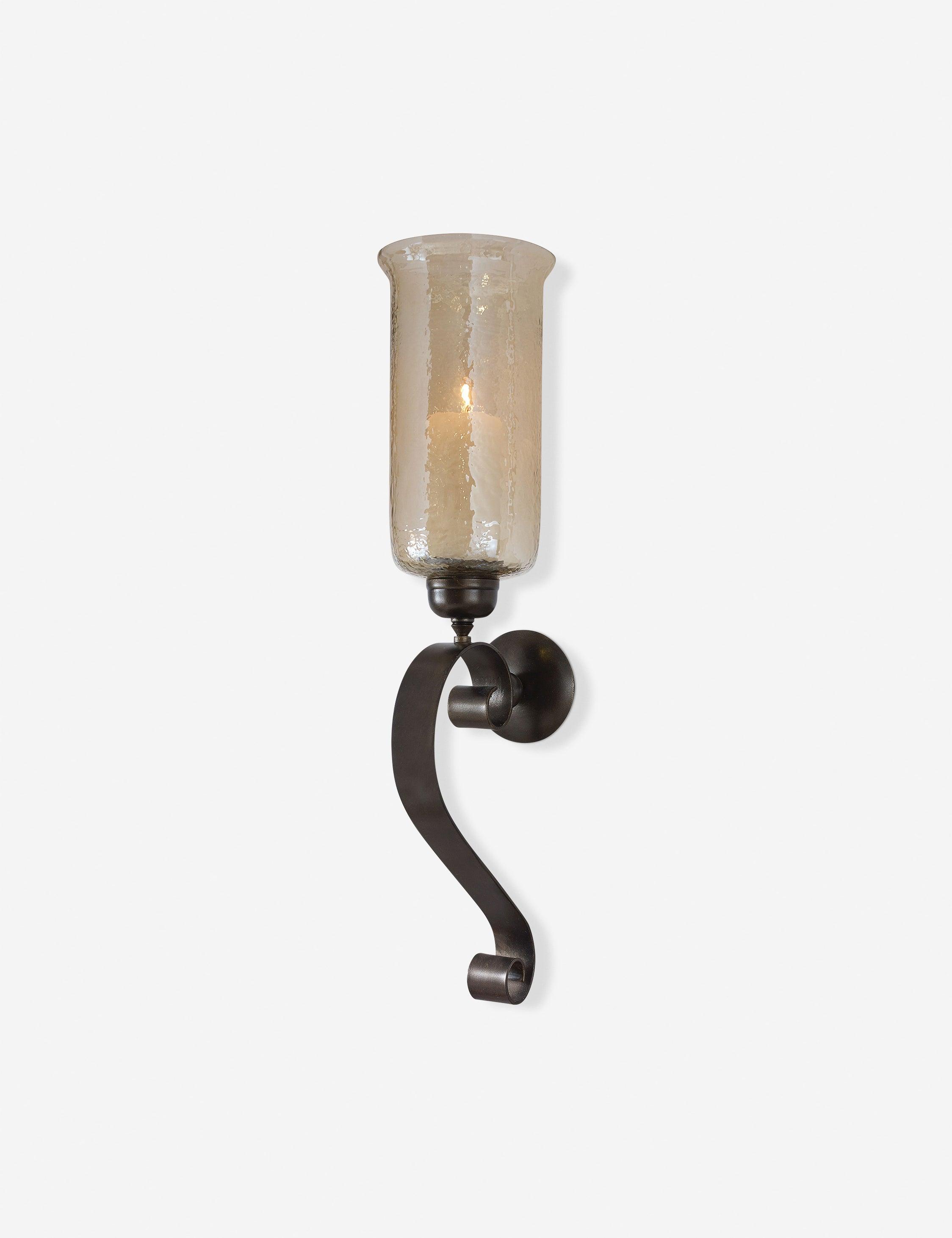 Antiqued Bronze Hand-Forged Iron and Amber Glass Candle Wall Sconce