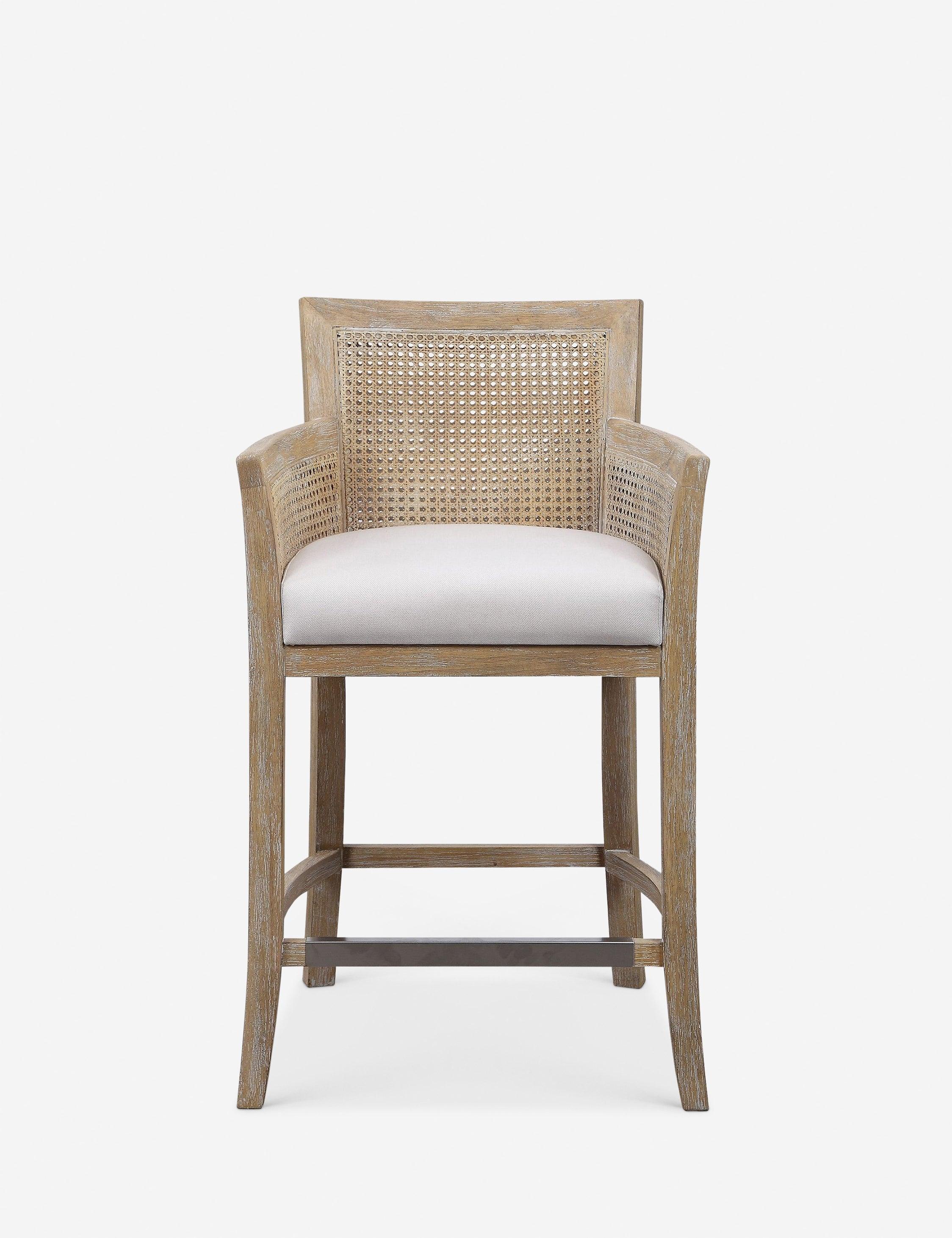 Coastal White Wood and Metal Counter Stool with Off-White Cushion