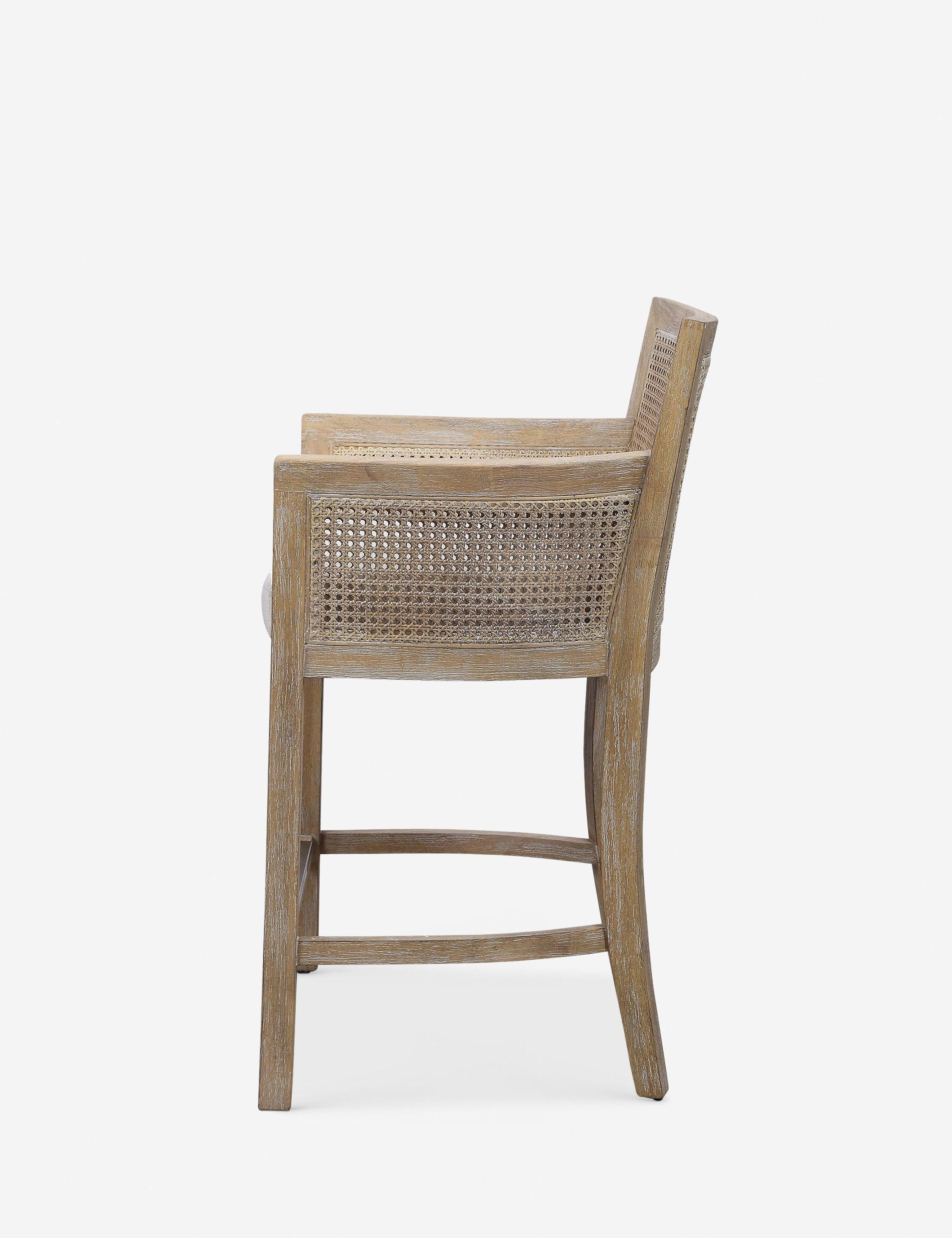 Coastal White Wood and Metal Counter Stool with Off-White Cushion