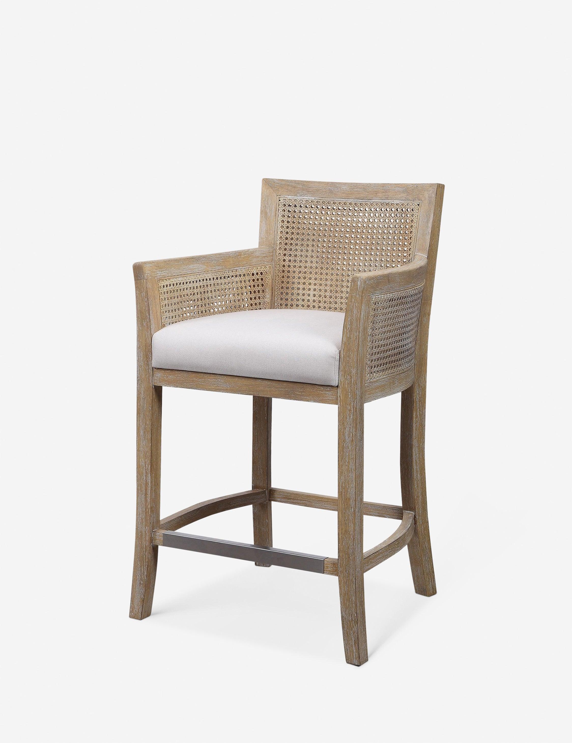 Coastal White Wood and Metal Counter Stool with Off-White Cushion