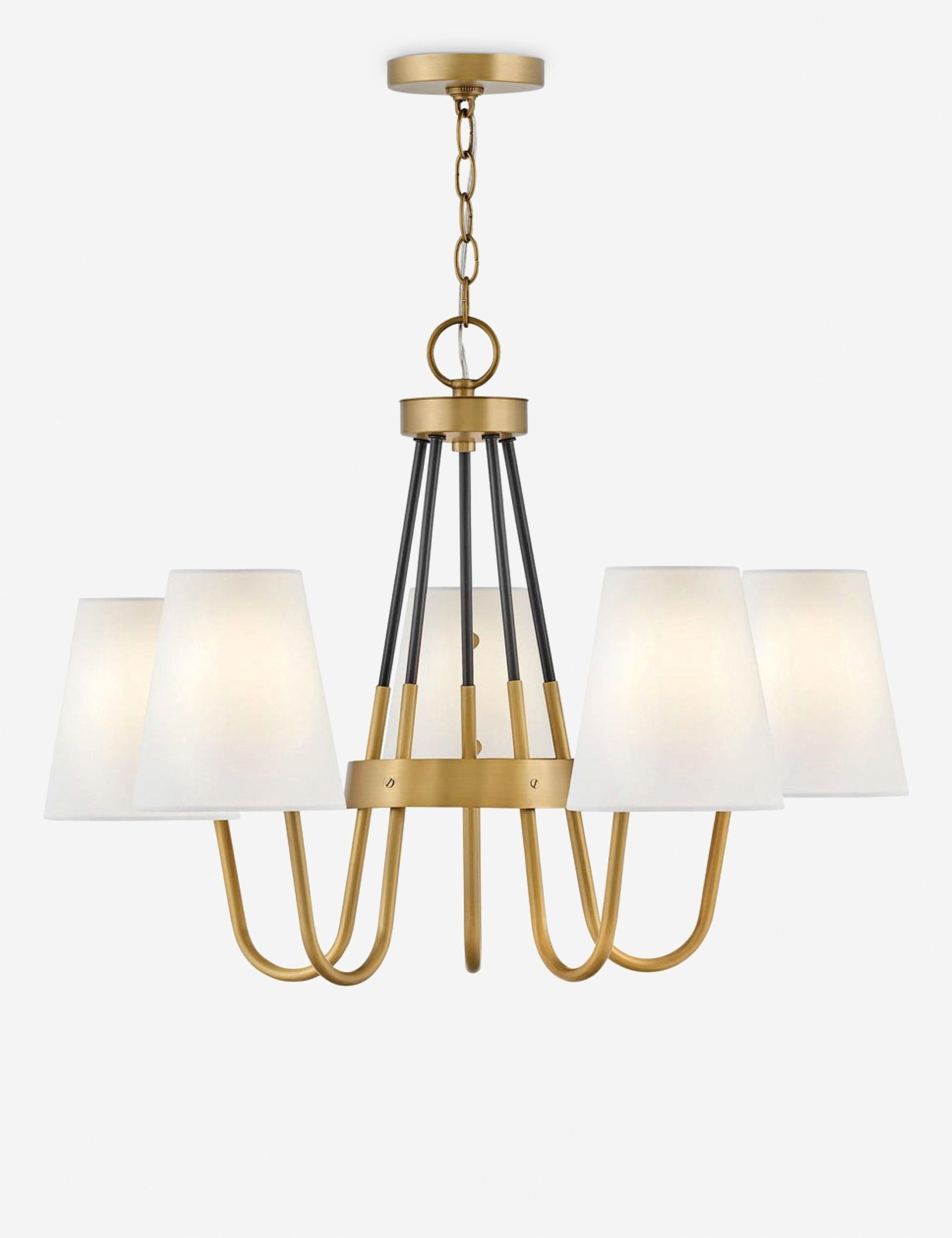 Heritage Brass and Black Drum Chandelier with Off-White Shades