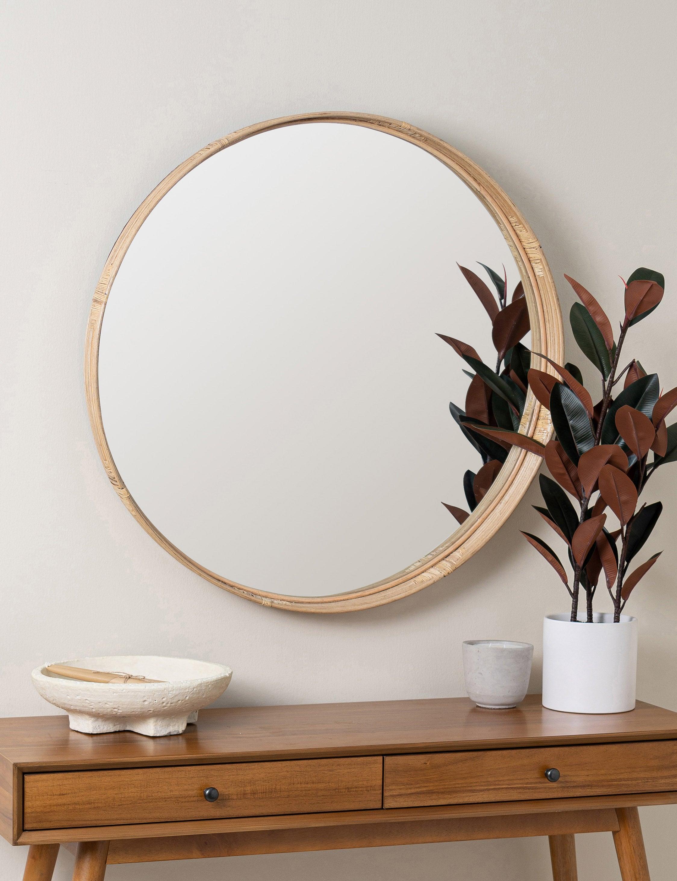 Adaline 35" Natural Round Wood and Rattan Wall Mirror