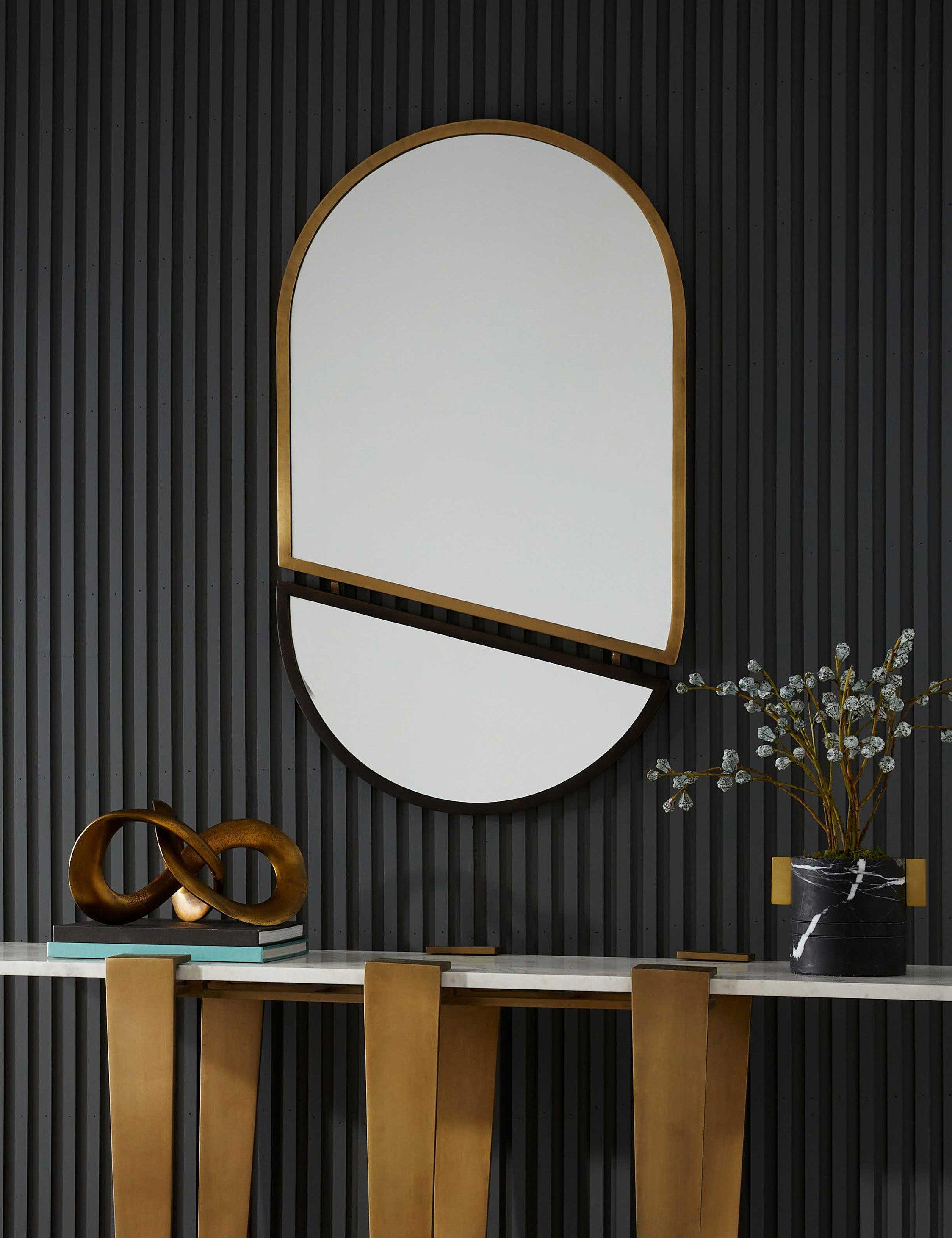 Bauhaus Inspired Split Oval Mirror in Bronze and Gold, 40x24"