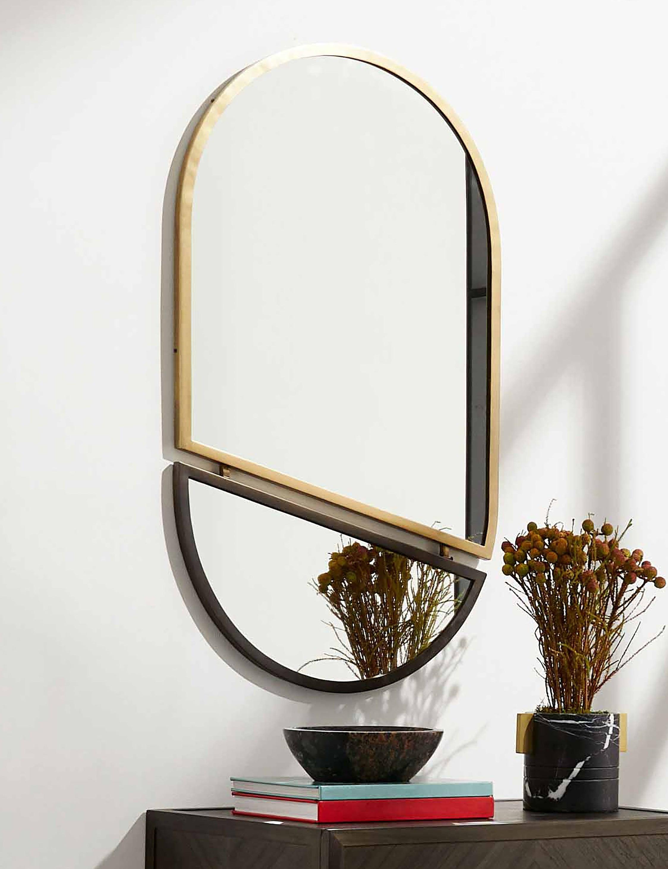 Bauhaus Inspired Split Oval Mirror in Bronze and Gold, 40x24"
