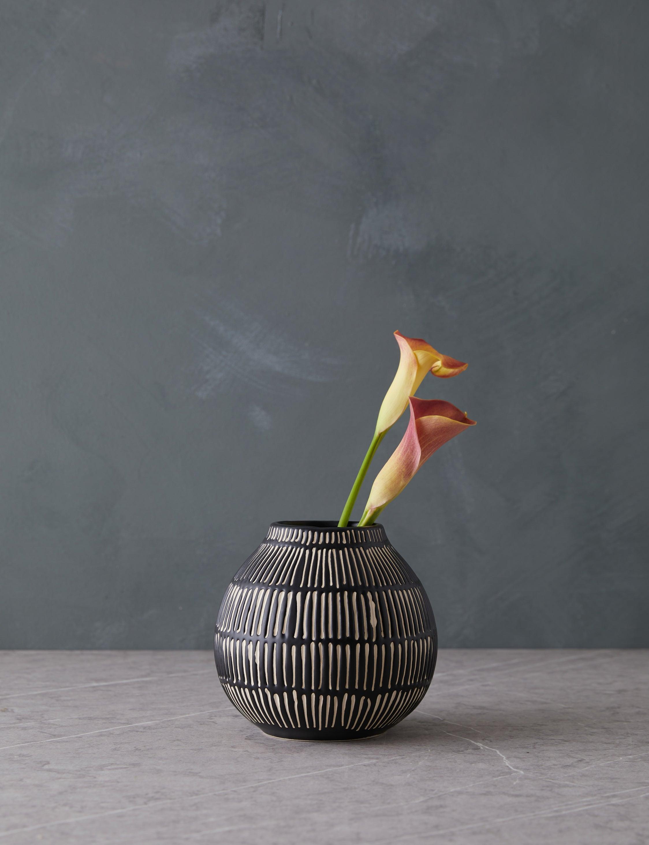 Artful Debossed Black & White Ceramic Table Vase 6.25"