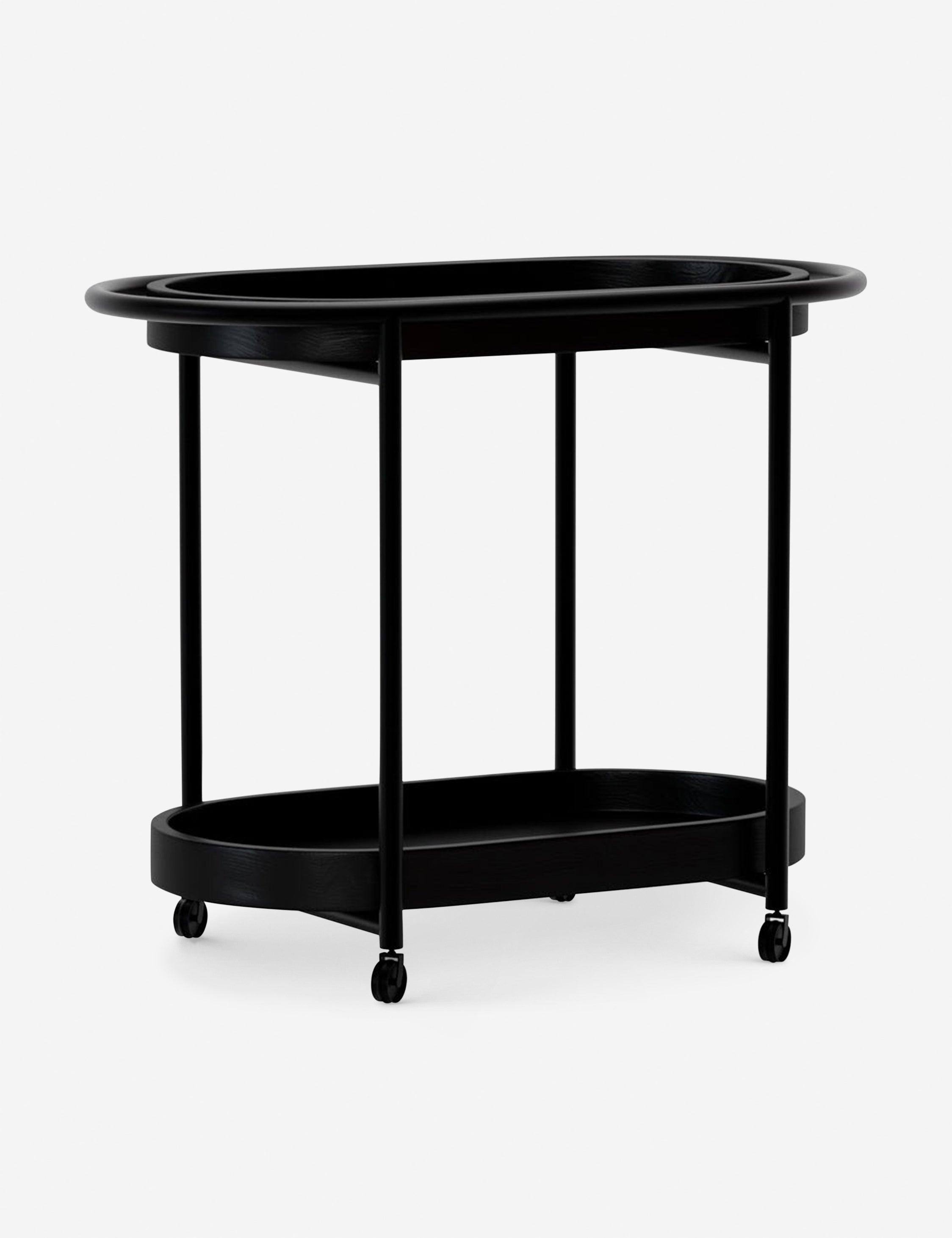 Orbit 36" Black Steel and Oak Bar Cart with Casters