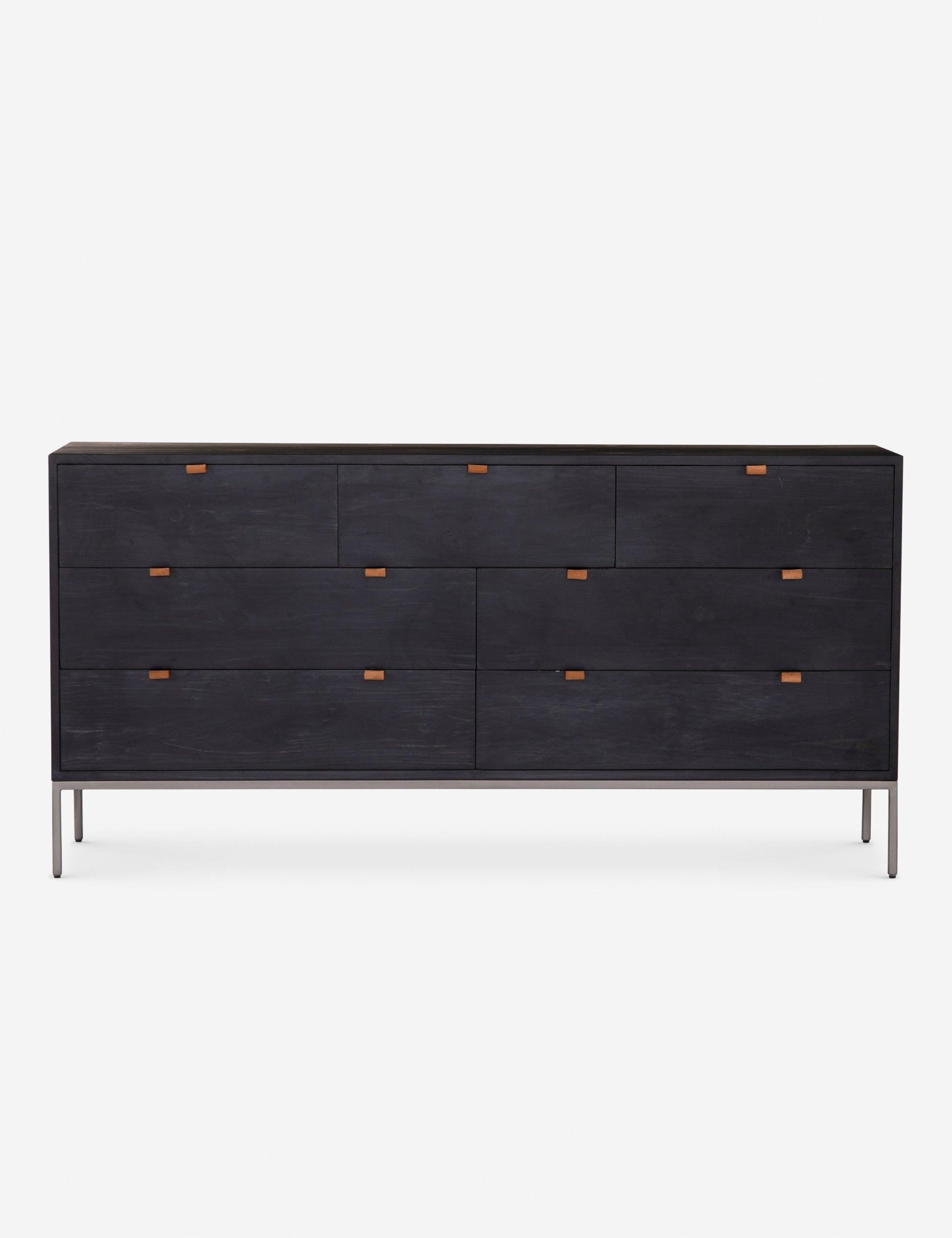 Mid-Century Modern Black 7-Drawer Dresser with Leather Pulls