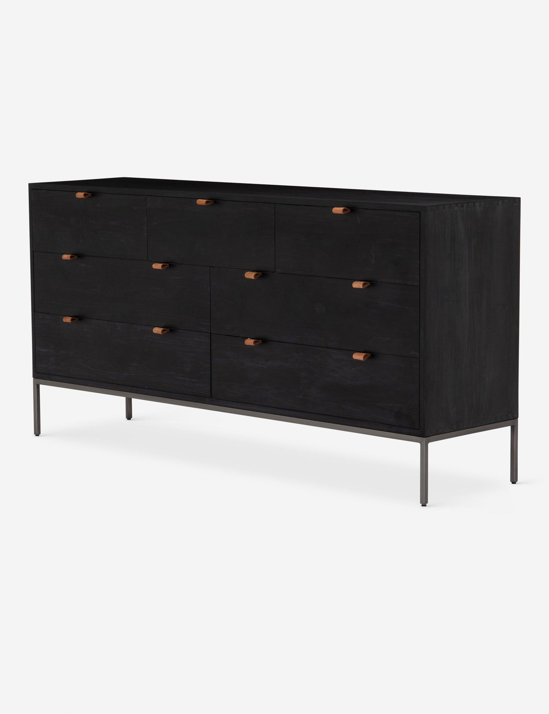 Mid-Century Modern Black 7-Drawer Dresser with Leather Pulls