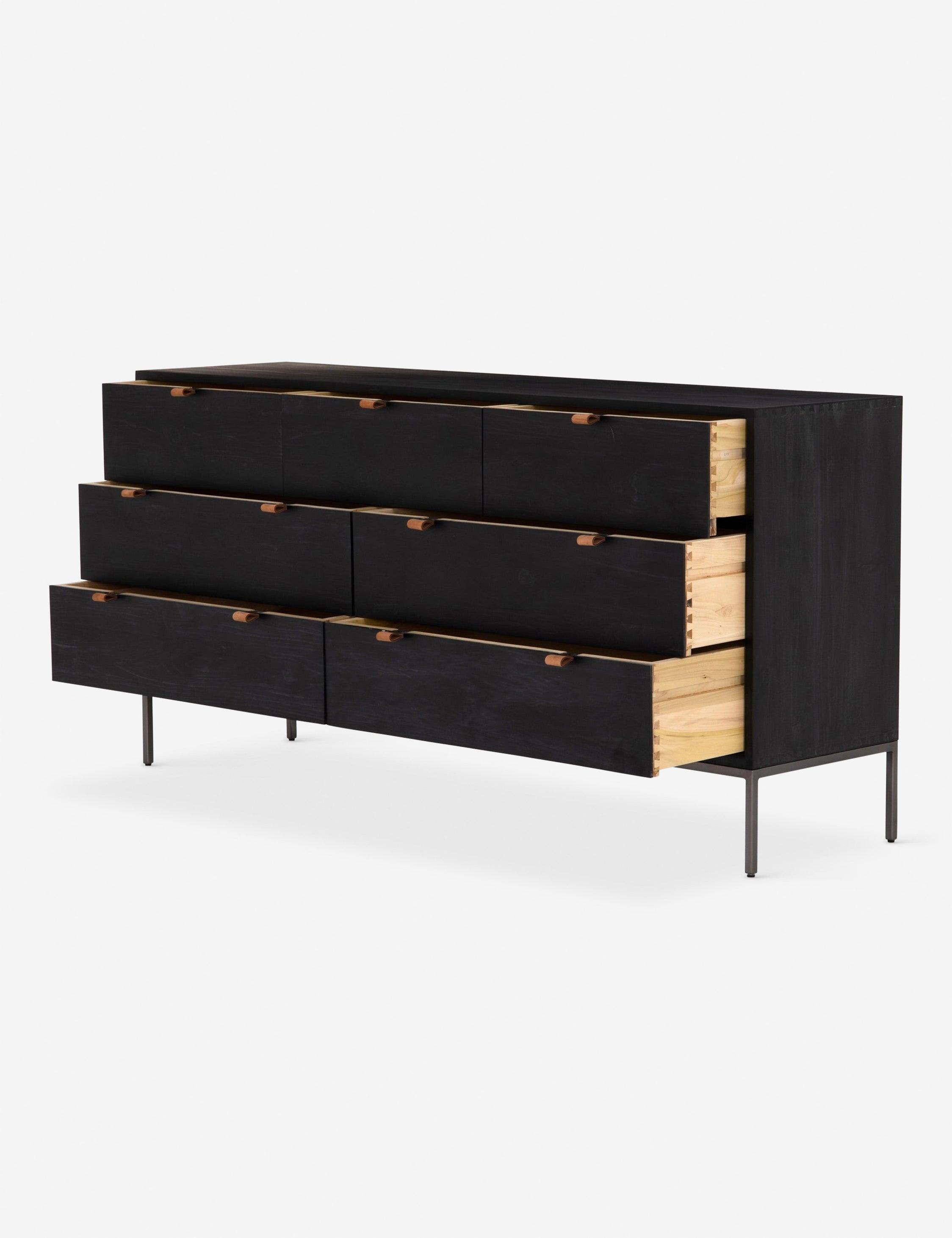 Mid-Century Modern Black 7-Drawer Dresser with Leather Pulls