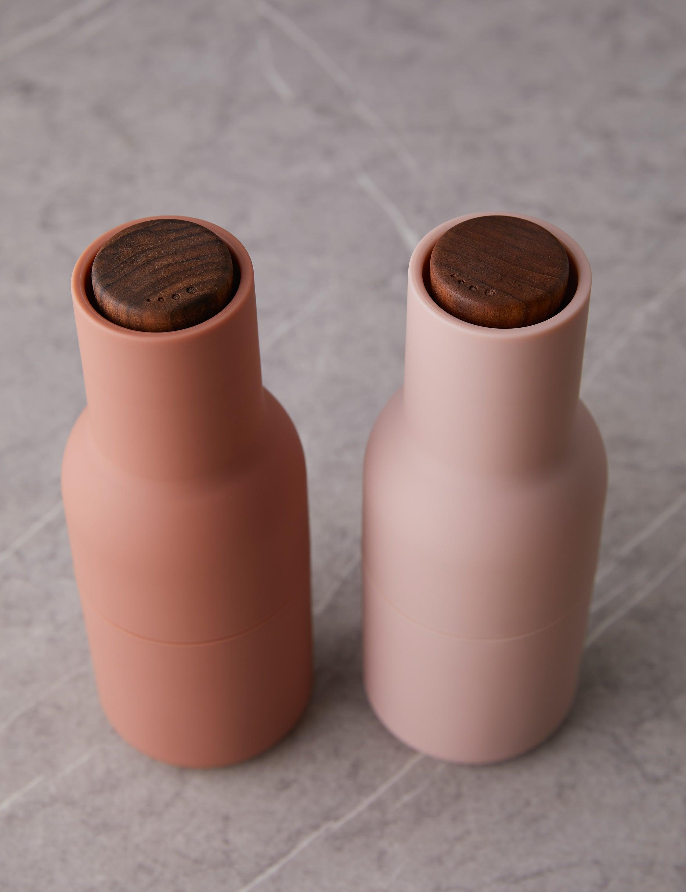 Scandinavian Nude Bottle-Shaped Spice Grinders with Walnut Lid (Set of 2)