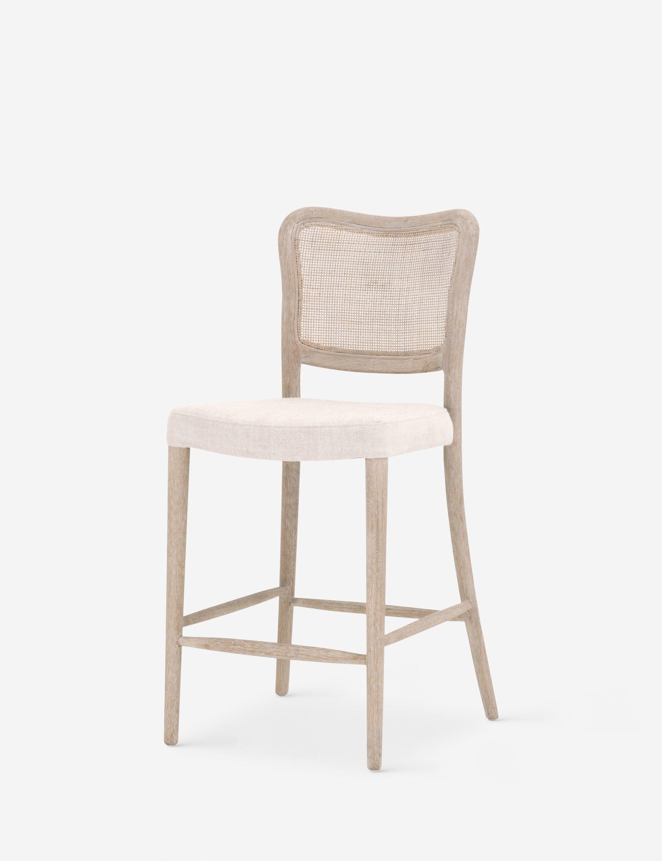 Transitional Bisque Linen & Cane Counter Stool with Oak Base