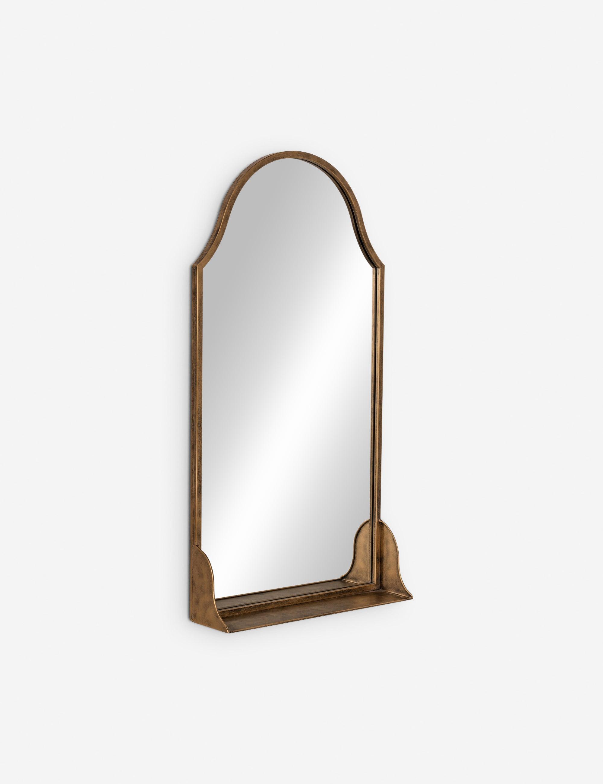 Arched Antique Bronze Wall Mirror with Built-In Wood Shelf