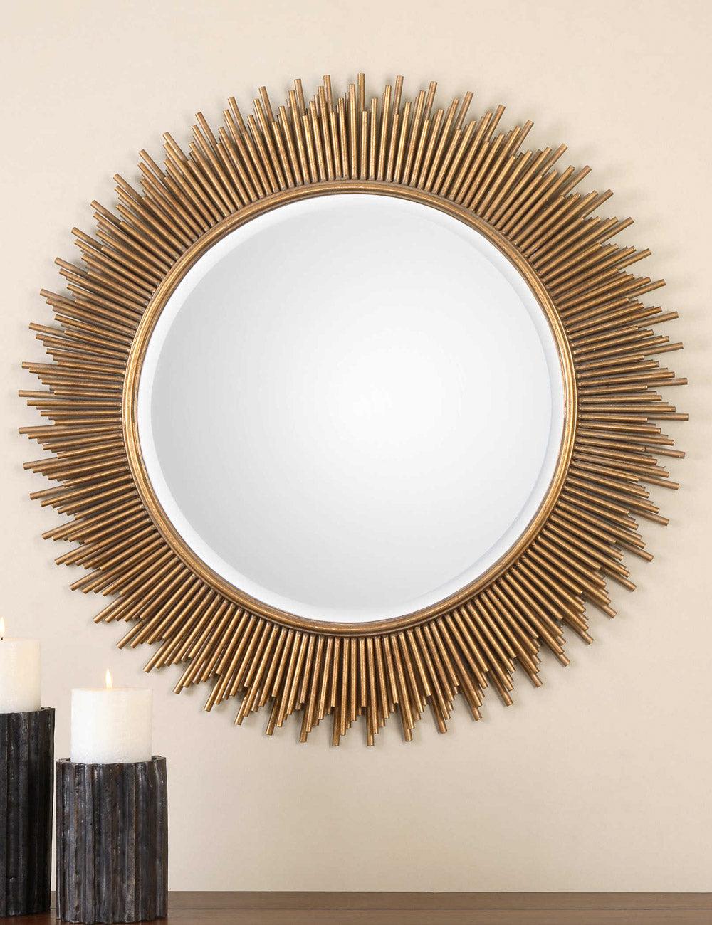 Transitional Sunburst Round Wood & Gold Mirror 36"