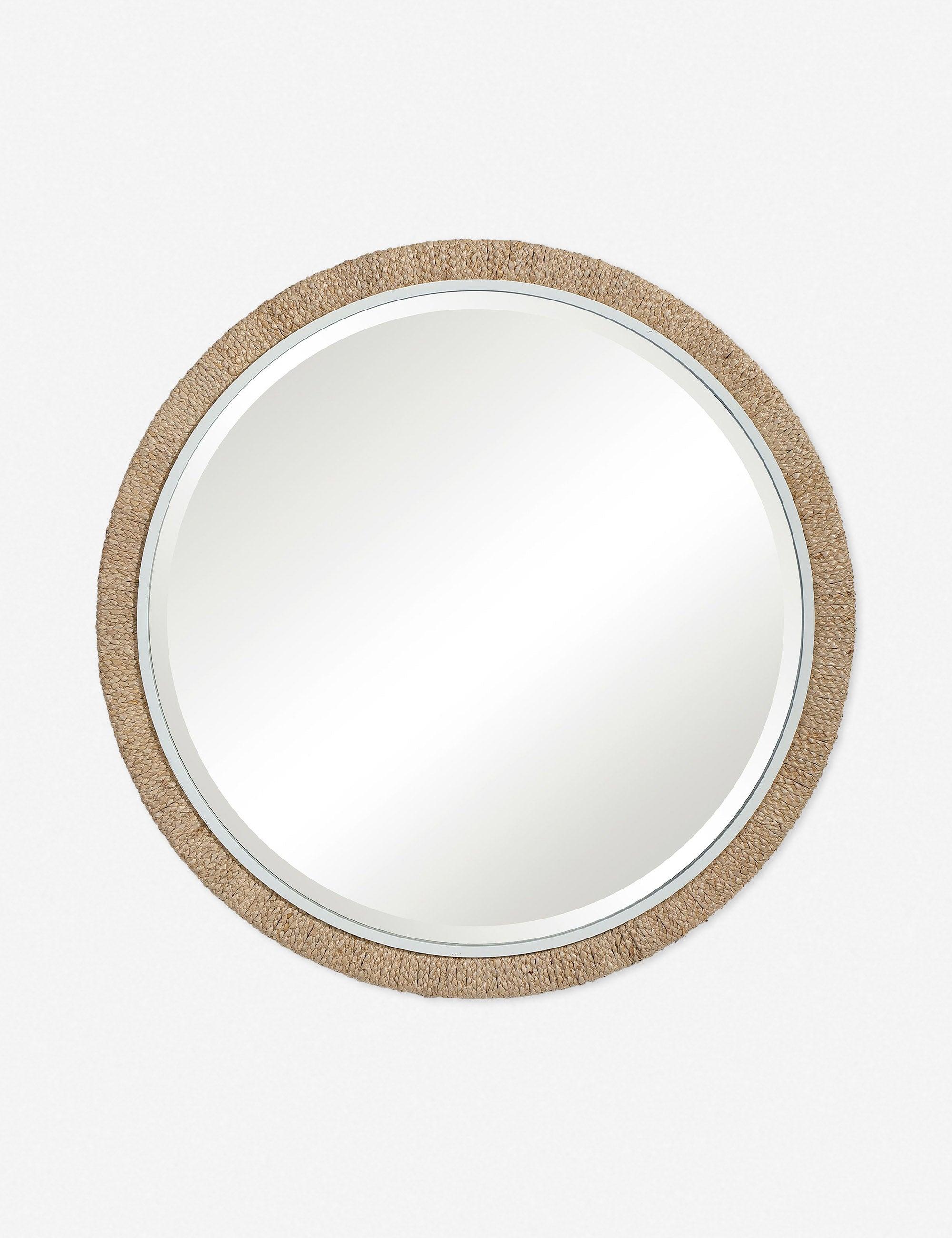 Coastal Charm 40" Round Beveled Mirror with White and Brown Banana Leaf Frame