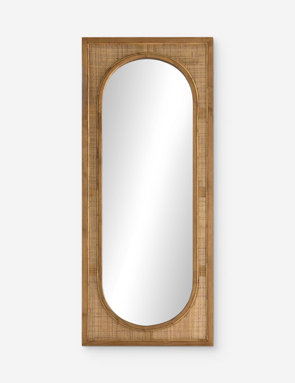 Contemporary Full-Length Oval Mirror in Brown Wood with Leather Accents