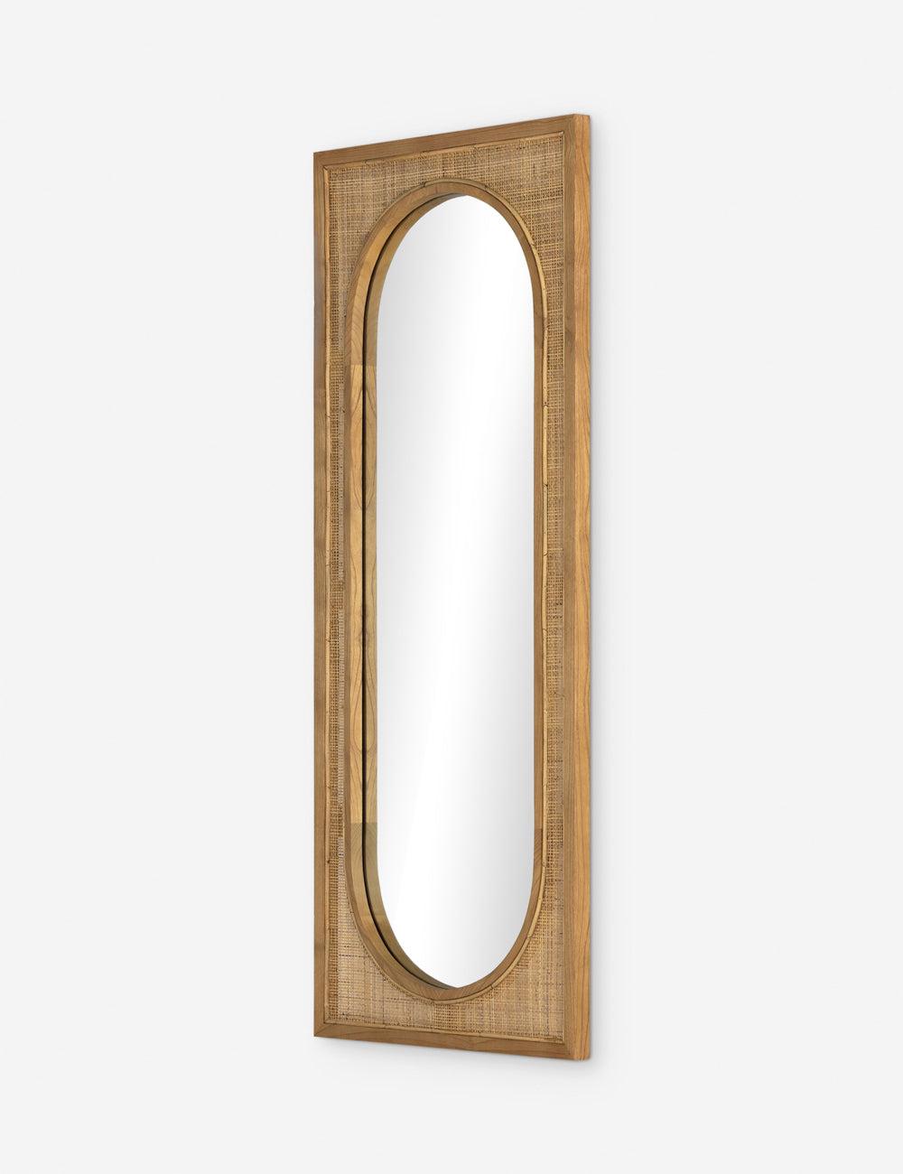 Contemporary Full-Length Oval Mirror in Brown Wood with Leather Accents