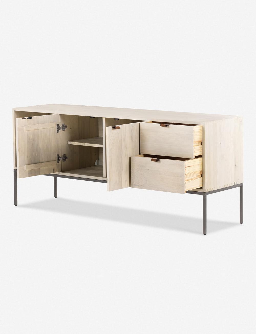 Modern White Wood & Metal Media Console with Leather Pulls