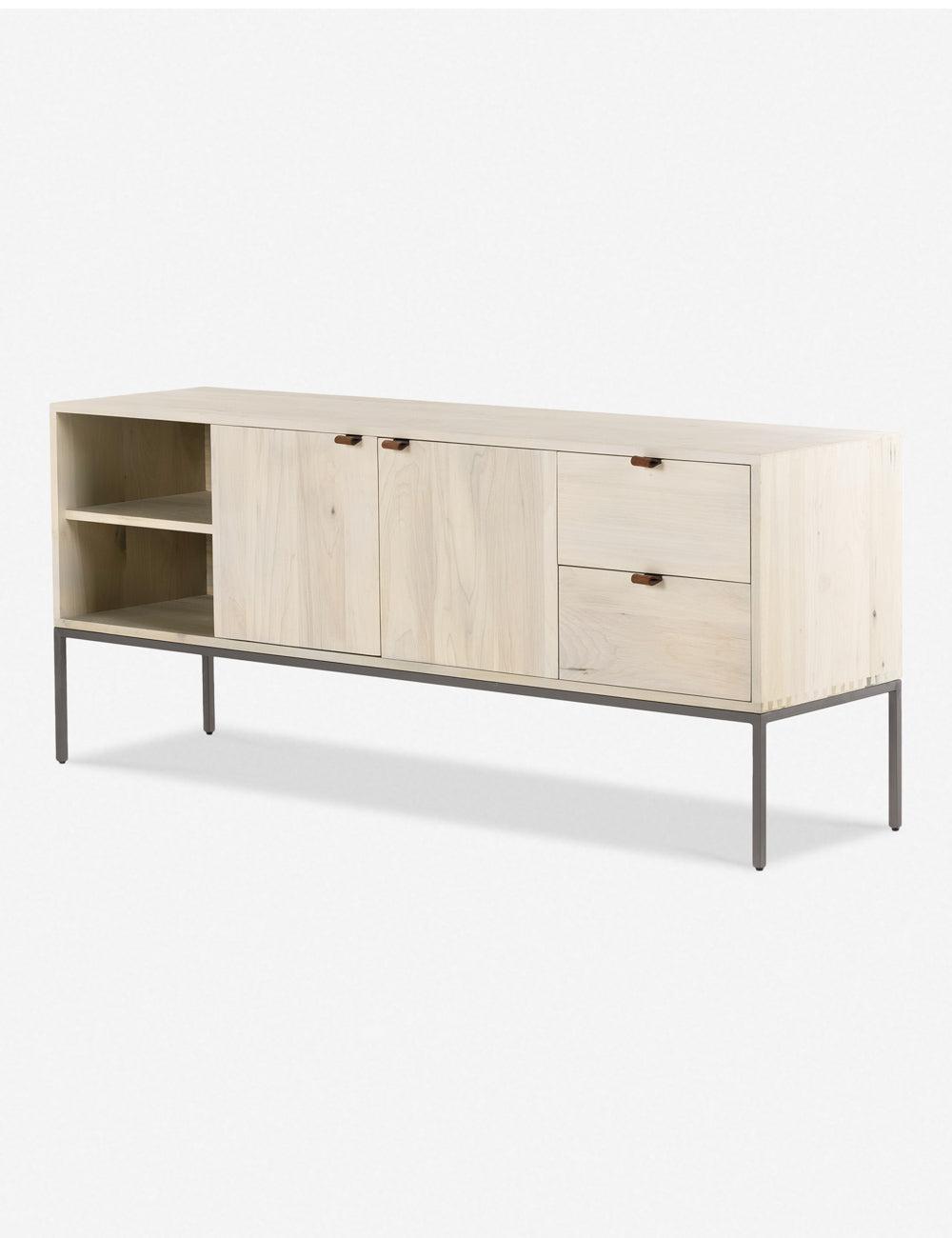 Modern White Wood & Metal Media Console with Leather Pulls