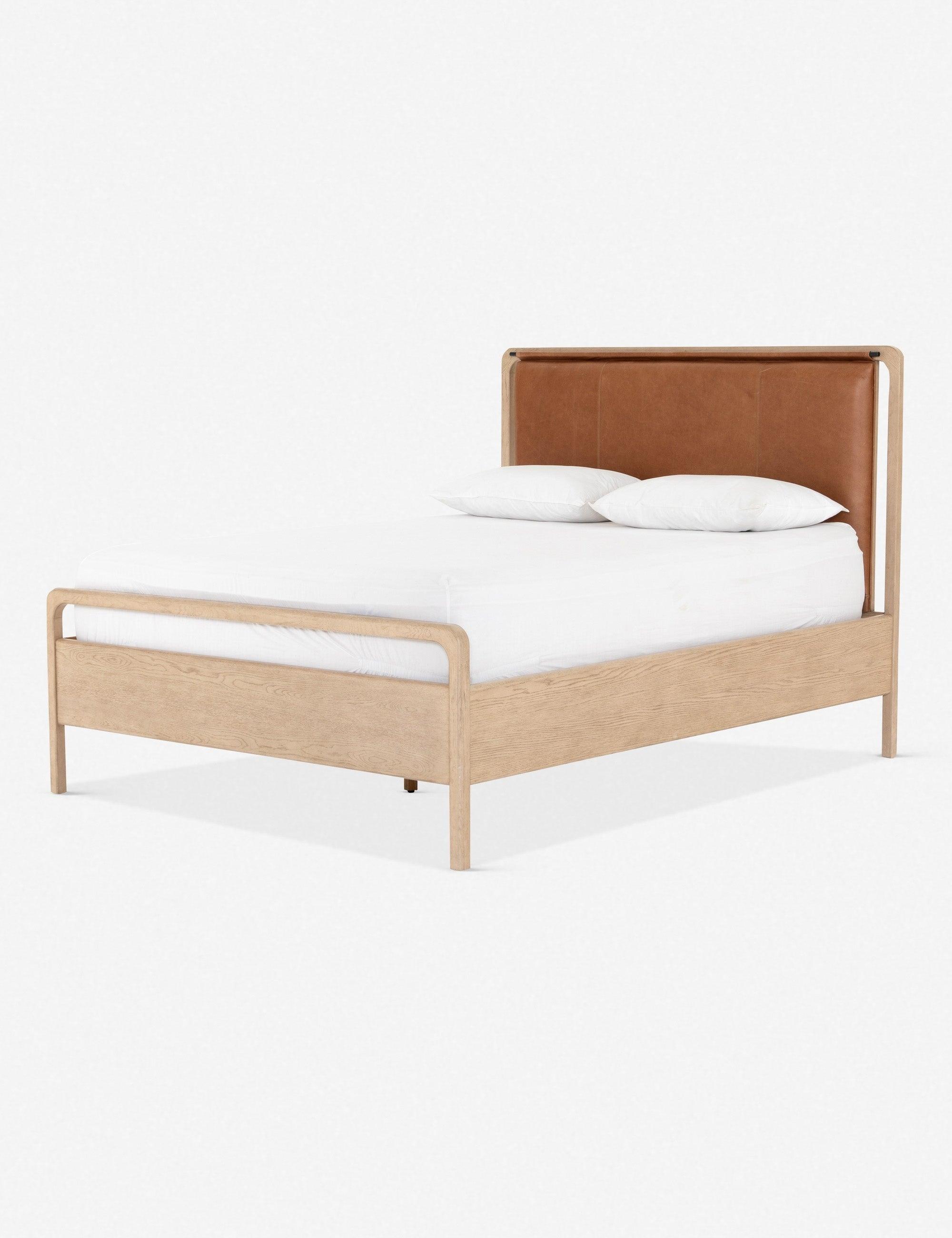 Modern Washed Oak King Bed with Tan Leather Headboard