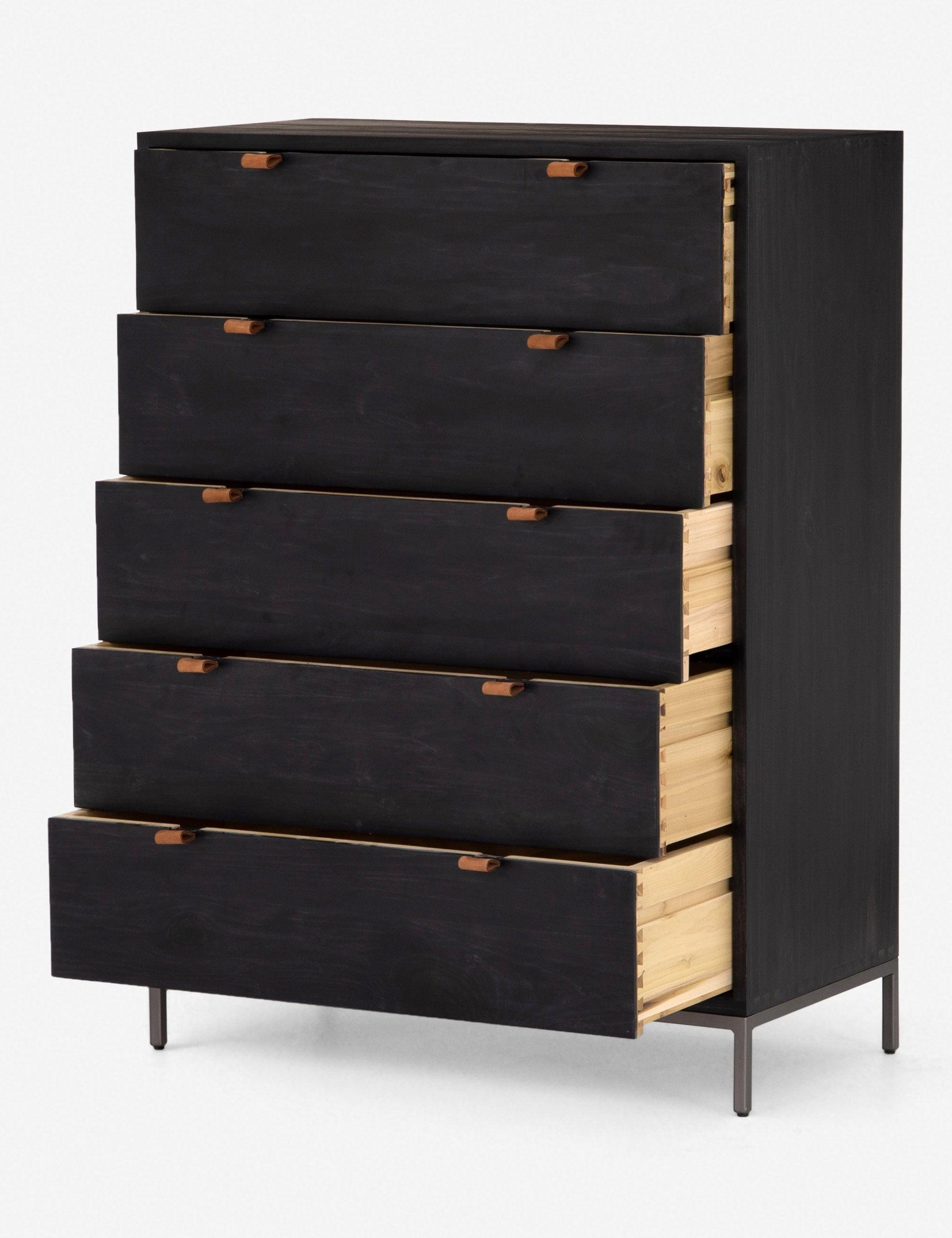 Rosamonde Mid-Century 5-Drawer Black Dresser with Leather Pulls