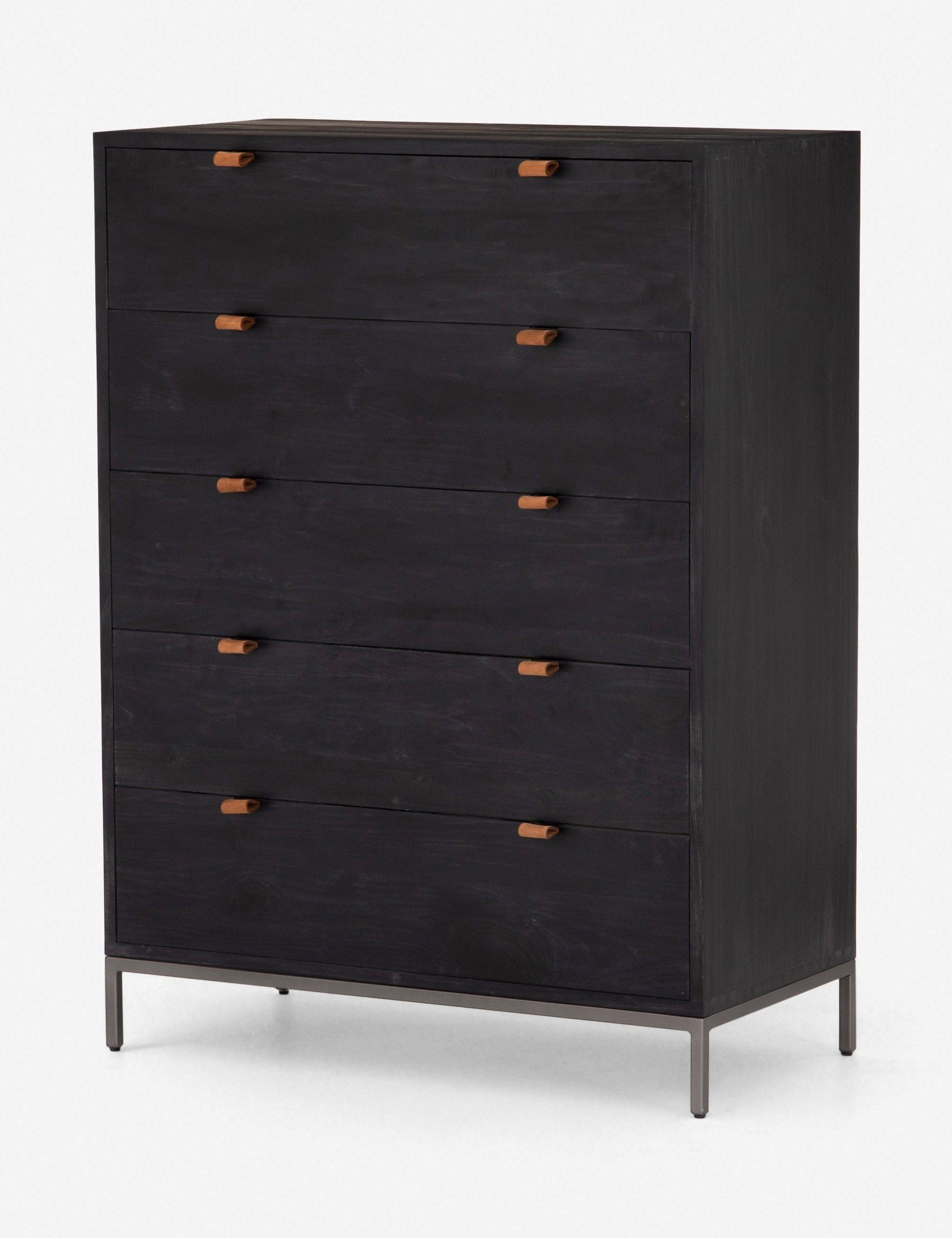 Rosamonde Mid-Century 5-Drawer Black Dresser with Leather Pulls