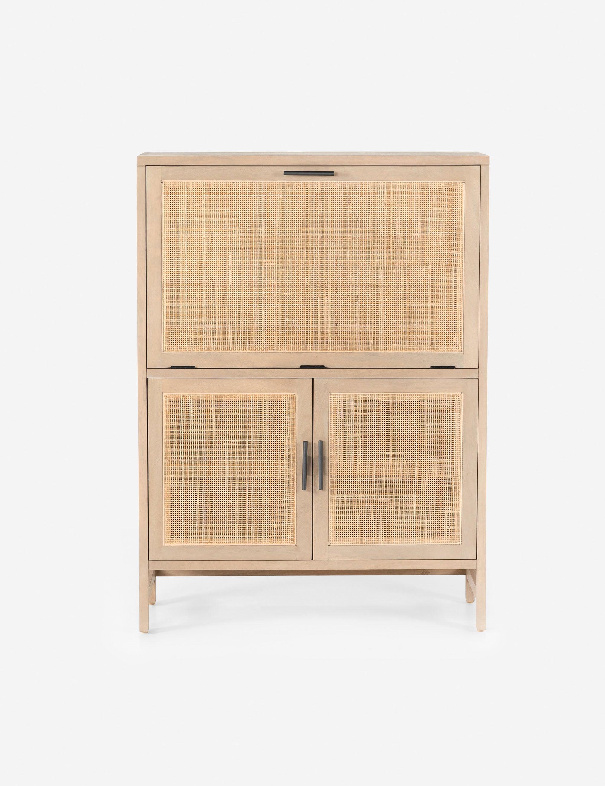 Natural Mango & Woven Cane 38" Modern Bar Cabinet with Iron Hardware