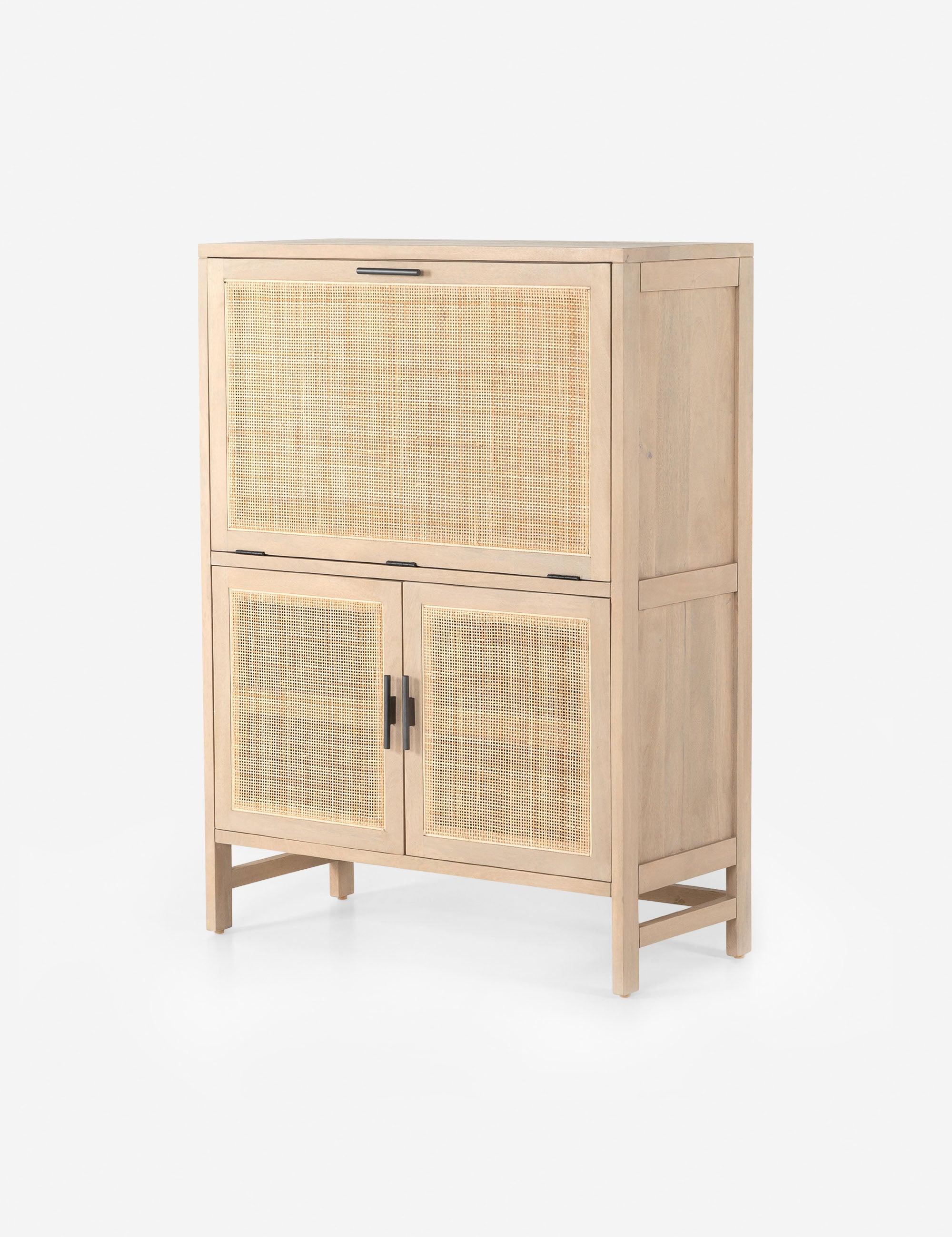 Natural Mango & Woven Cane 38" Modern Bar Cabinet with Iron Hardware