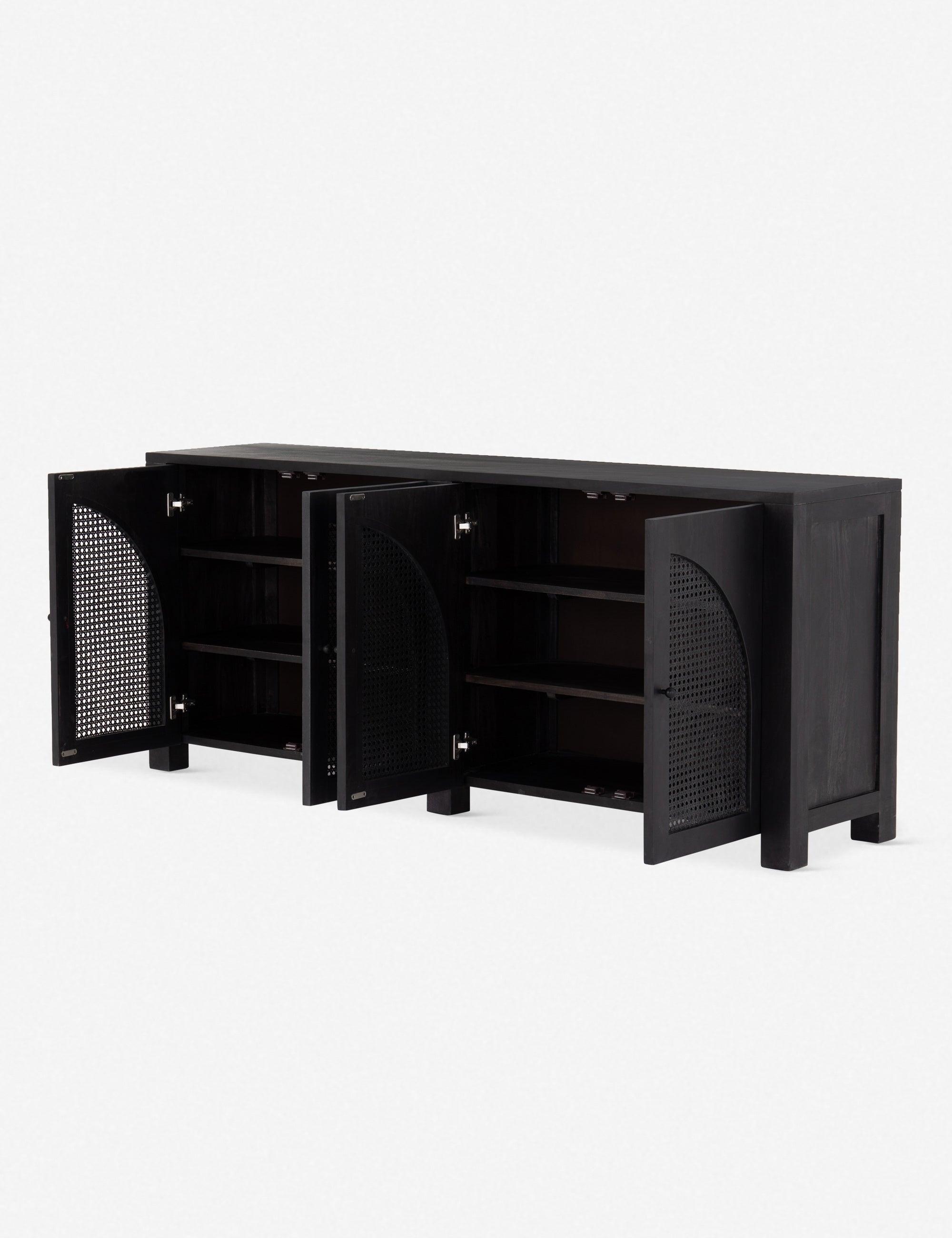 Contemporary Black Mango Wood & Iron Sideboard with Arched Cane Panels