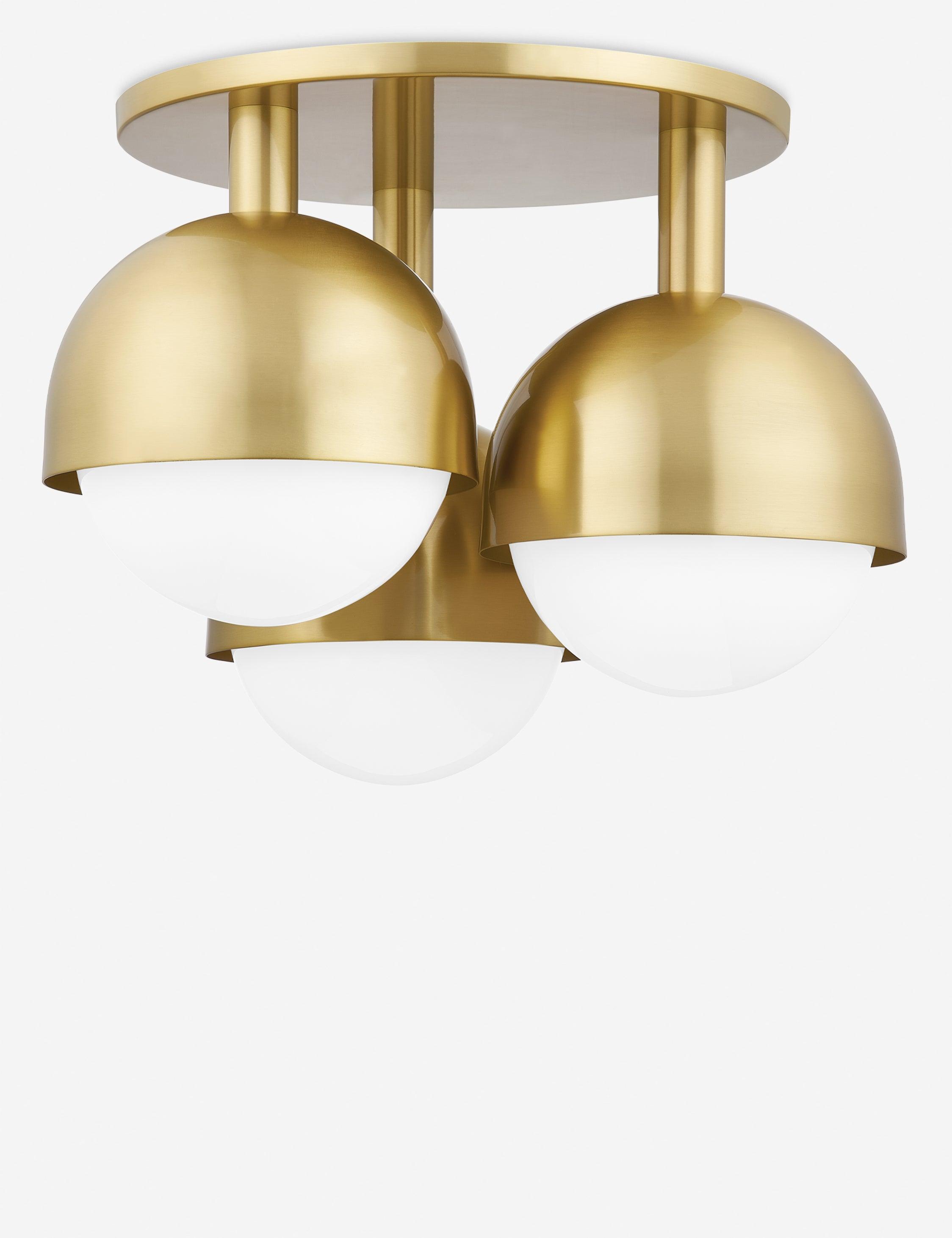 Transitional Aged Brass Globe Semi-Flush Mount with Opal Glass