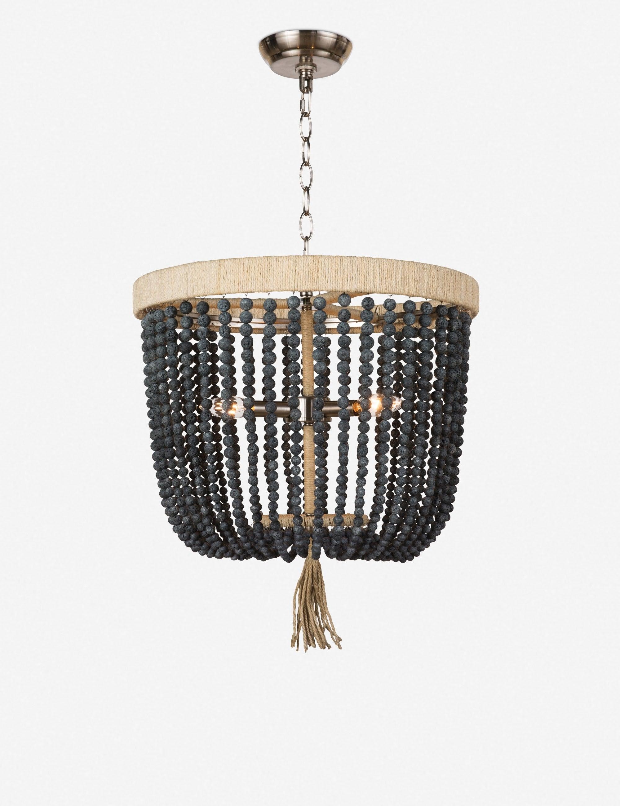 Bohemian Mini Brass Beaded Chandelier with Blue Finish and Rattan Frame