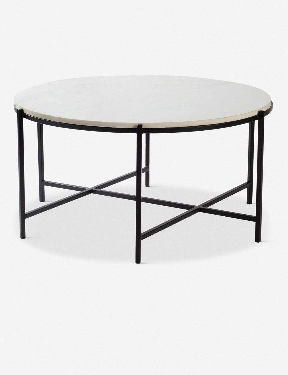 Berdina 34" Round White Marble and Black Metal Coffee Table