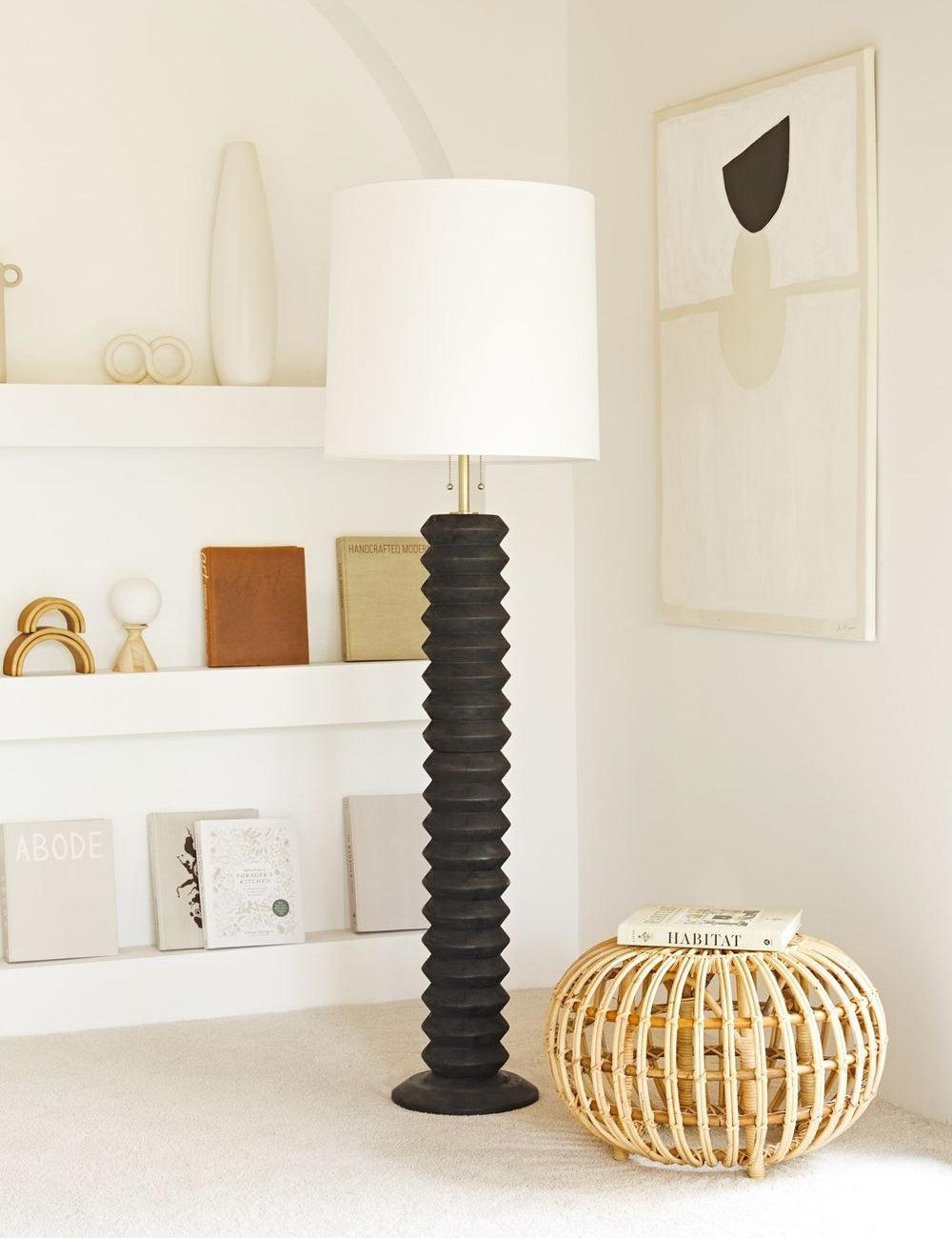 Ebony and Brass Accordion 2-Light Floor Lamp with Linen Shade