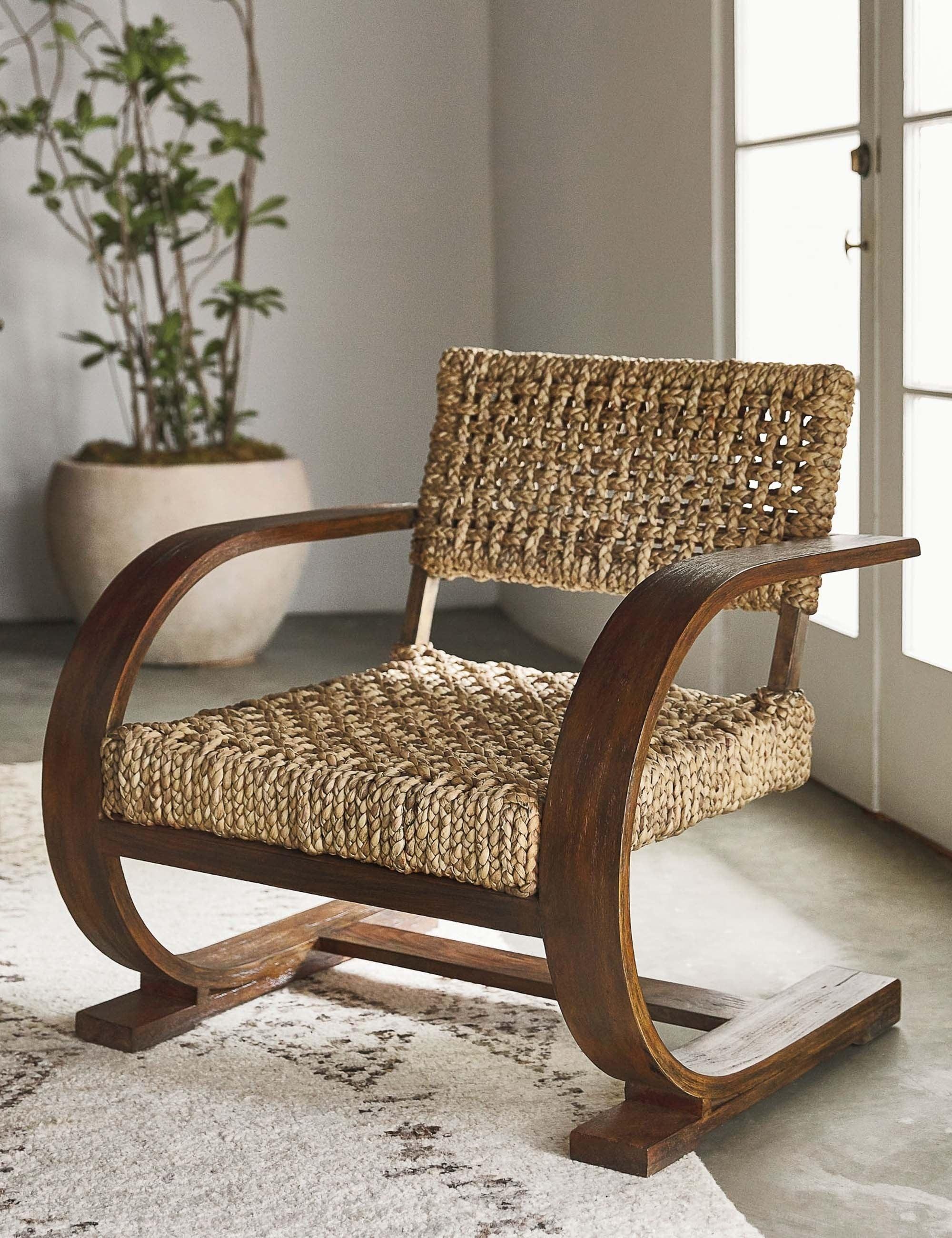 Rehema Natural Woven Banana Fiber and Solid Wood Accent Chair