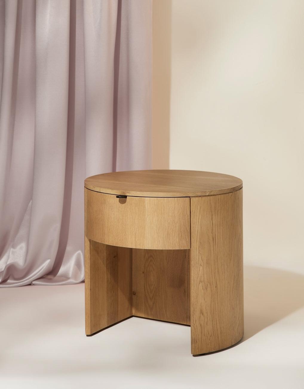 Scandinavian Solid Oak 1-Drawer Round Nightstand with Open Shelf