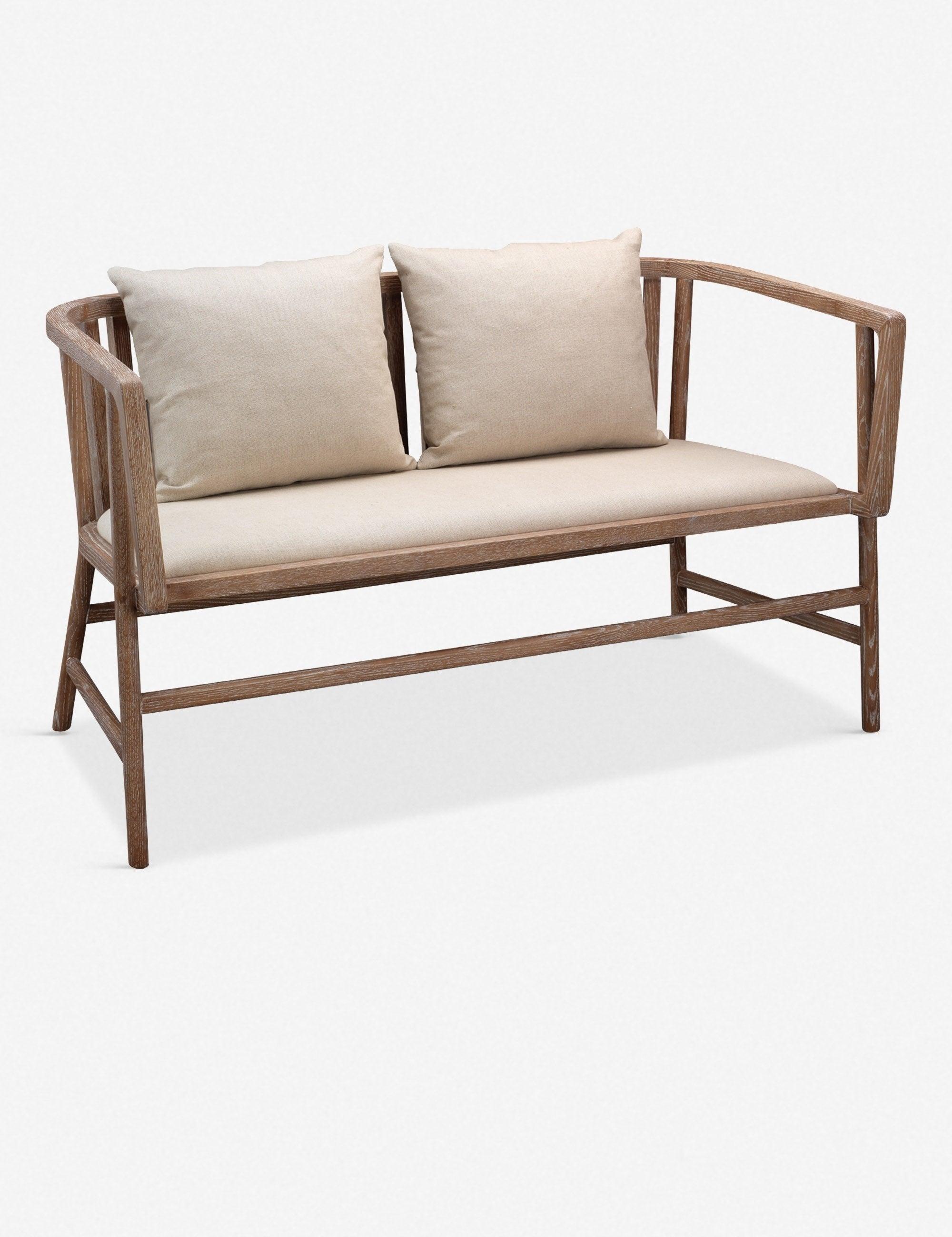 Off-White Linen & Grey-Washed Wood Farmhouse Settee