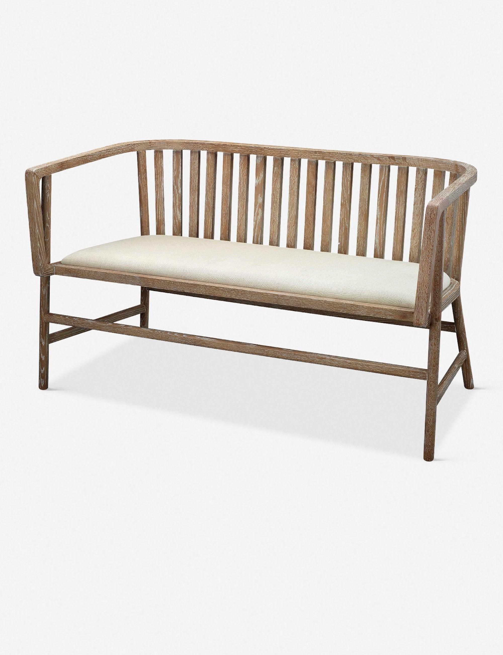 Off-White Linen & Grey-Washed Wood Farmhouse Settee