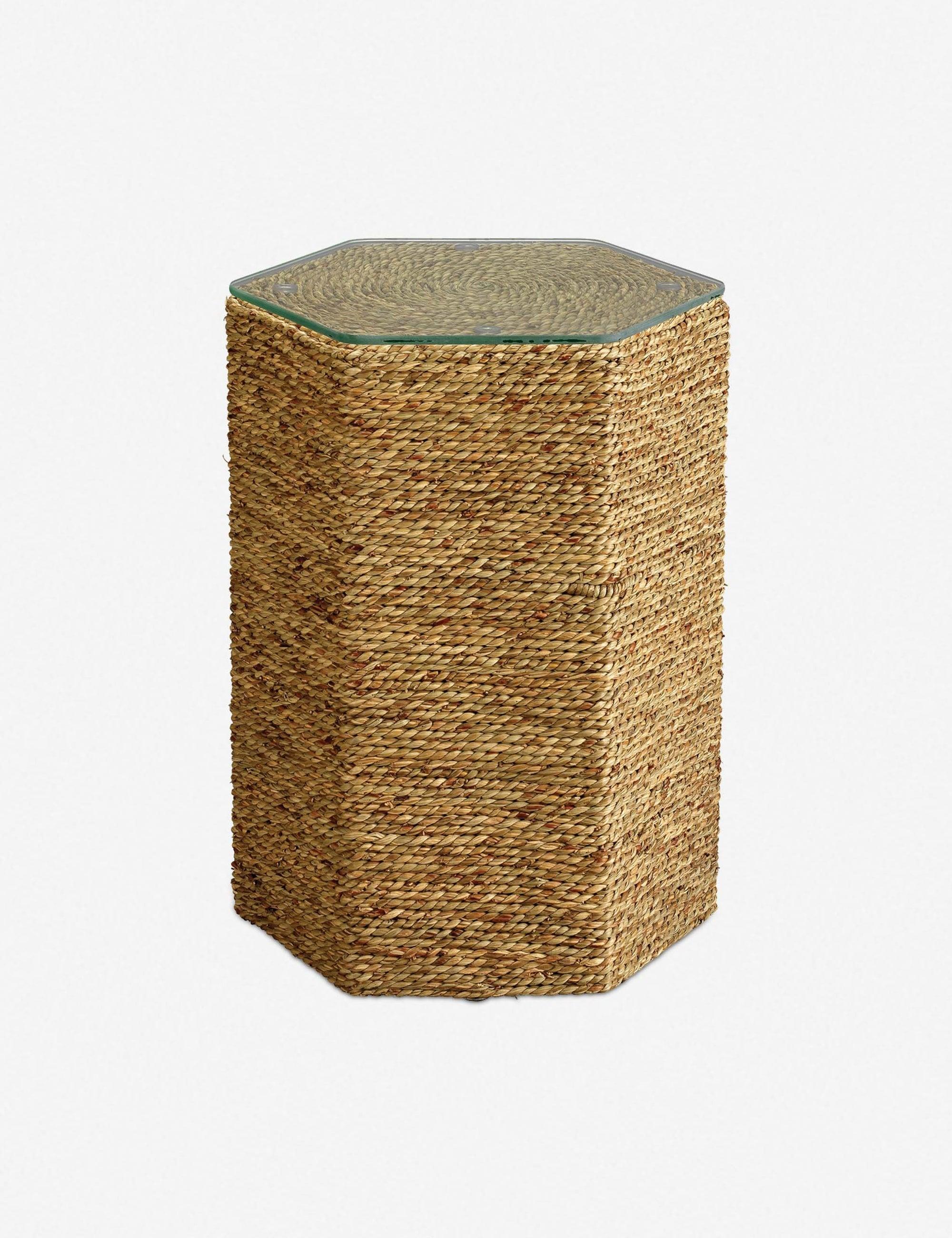 Dixon Hexagonal Glass-Top Seagrass End Table