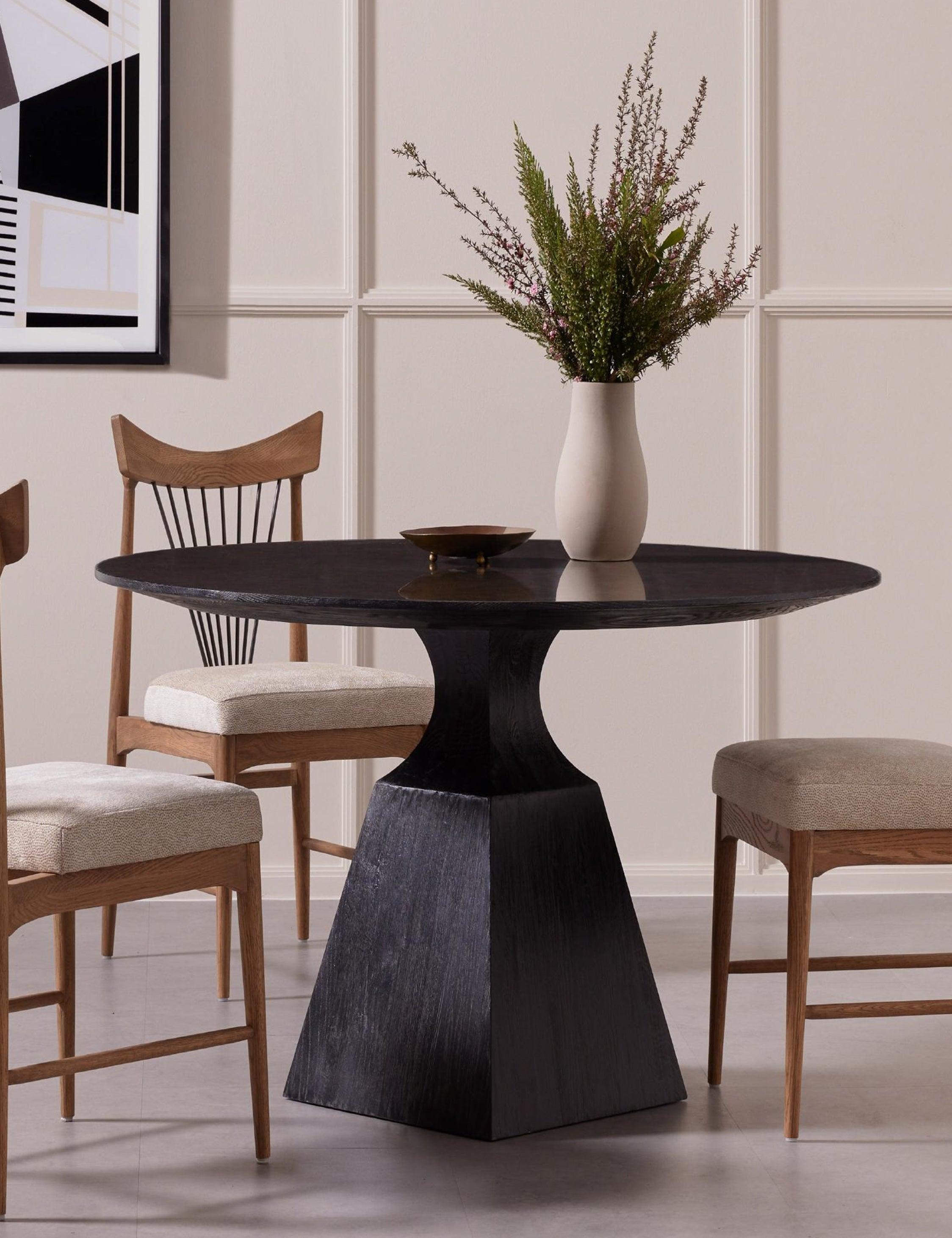 Contemporary Black Oak and Marble Round Dining Table, 53"