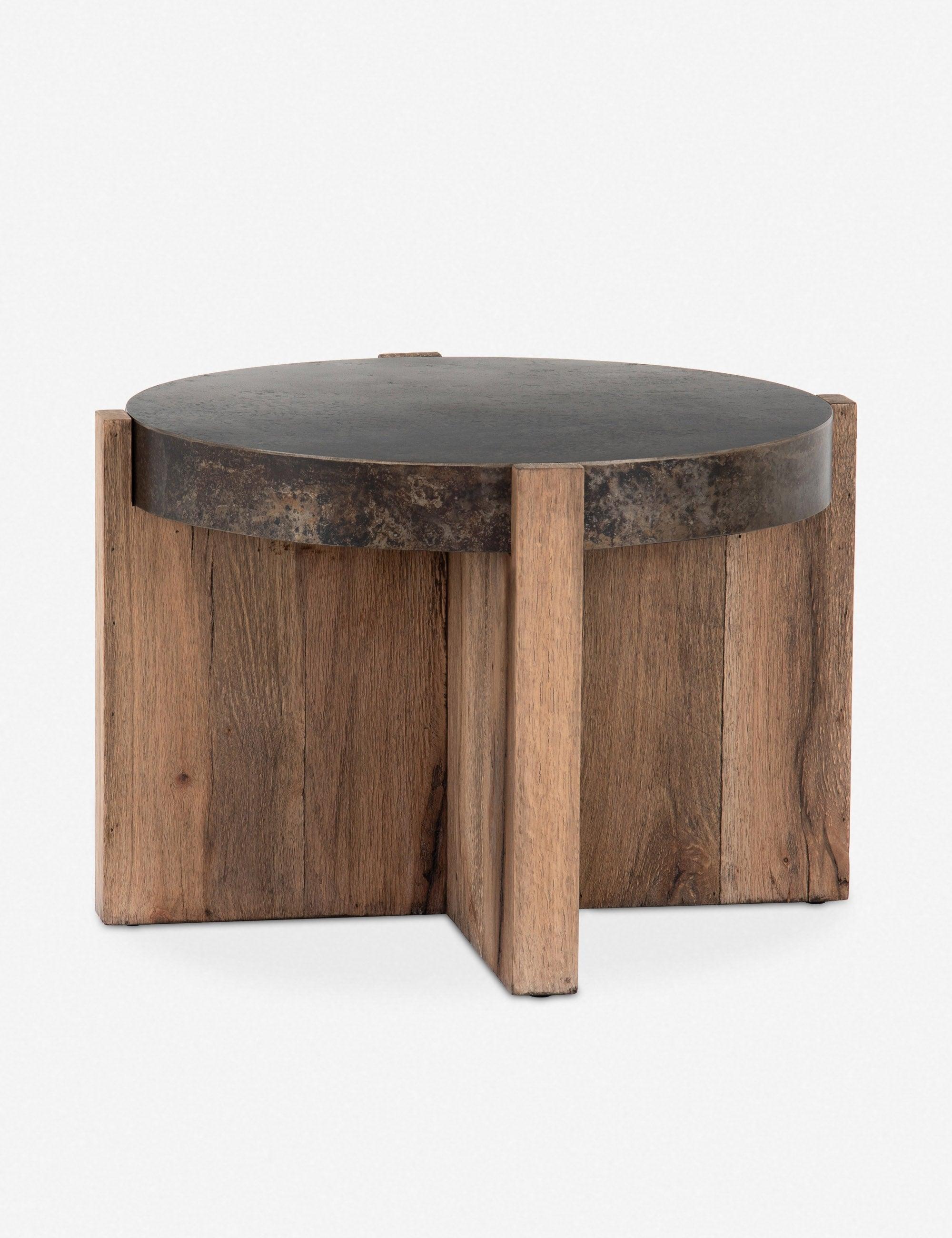 Round Black and Brown Wood Metal Side Table