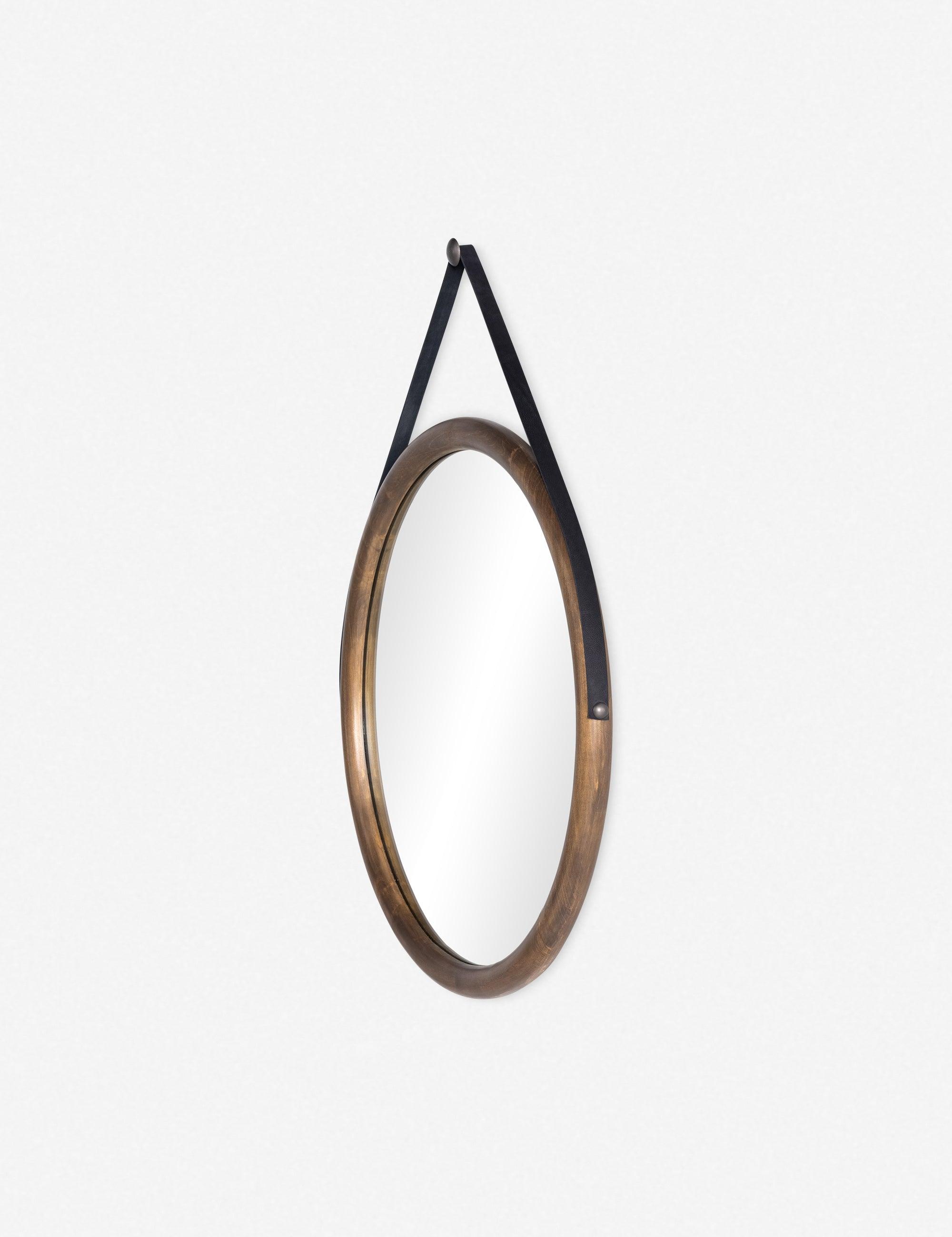 Auburn Poplar and Black Leather Round Wall Mirror with Iron Hardware