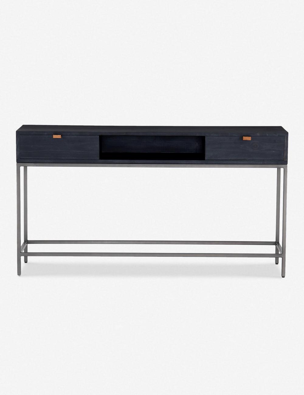 Modern Black Poplar & Iron Console Table with Leather Pulls