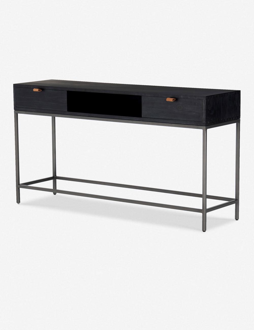 Modern Black Poplar & Iron Console Table with Leather Pulls