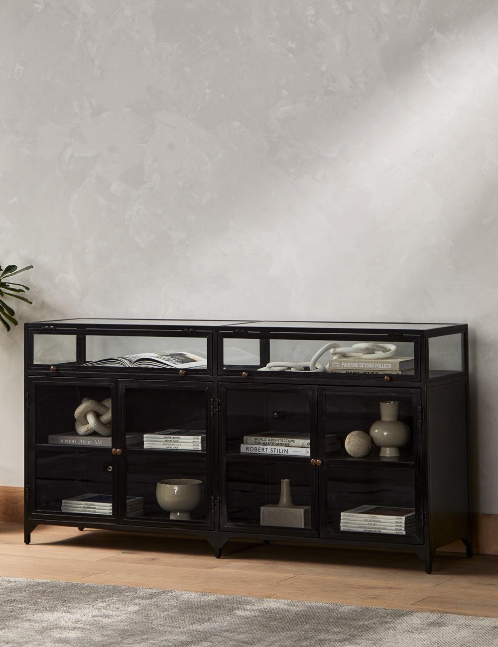 Shadow Box 70'' Black Iron and Glass Sideboard