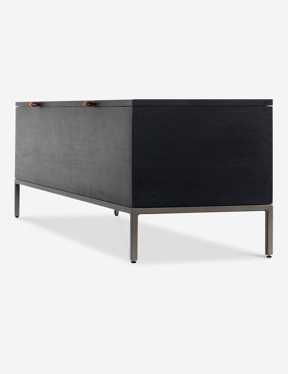 Modern Black Poplar Wood 58" Storage Bench with Leather Pulls