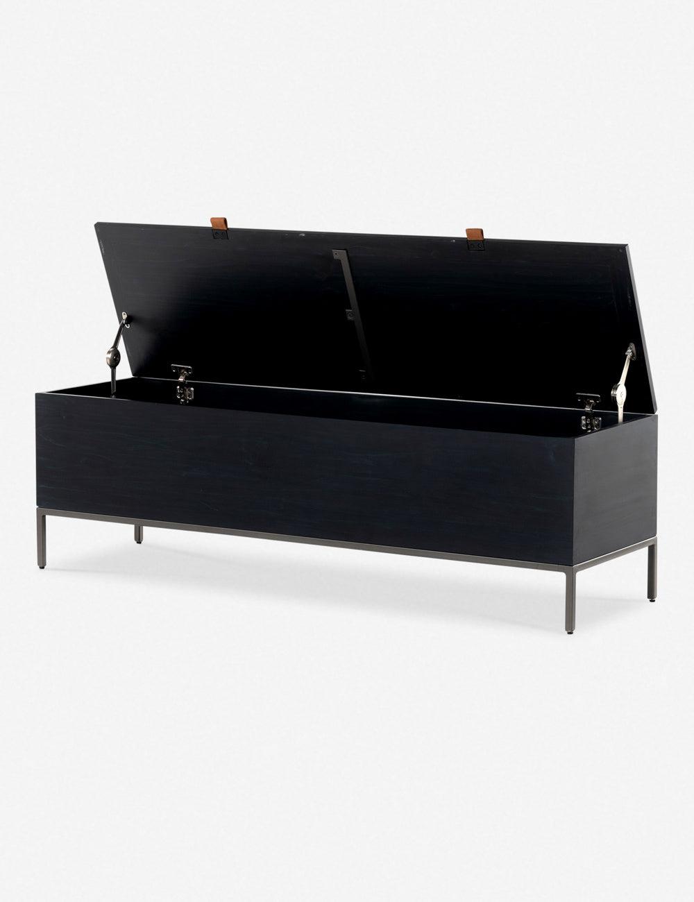 Modern Black Poplar Wood 58" Storage Bench with Leather Pulls