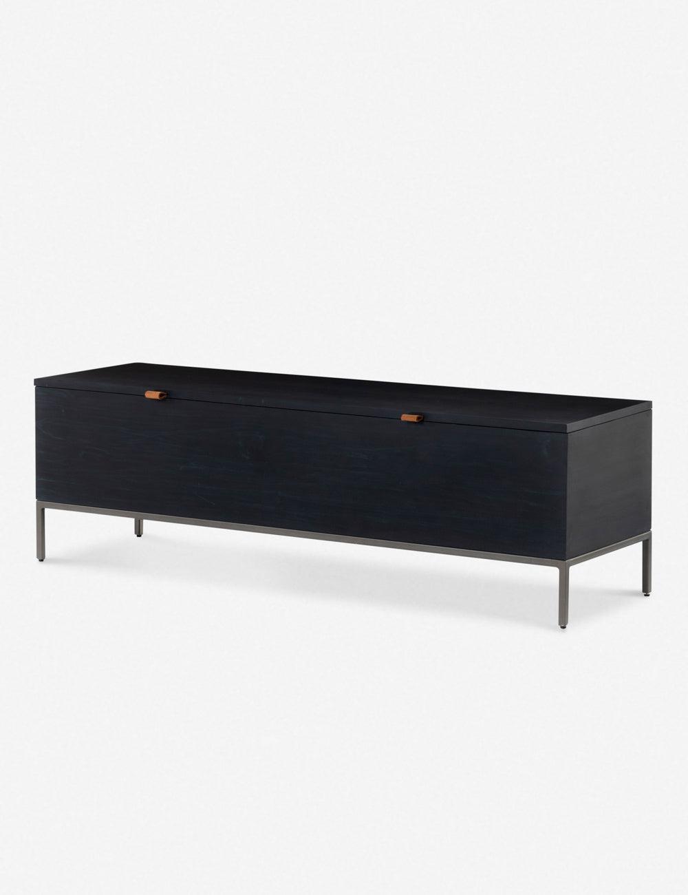 Modern Black Poplar Wood 58" Storage Bench with Leather Pulls